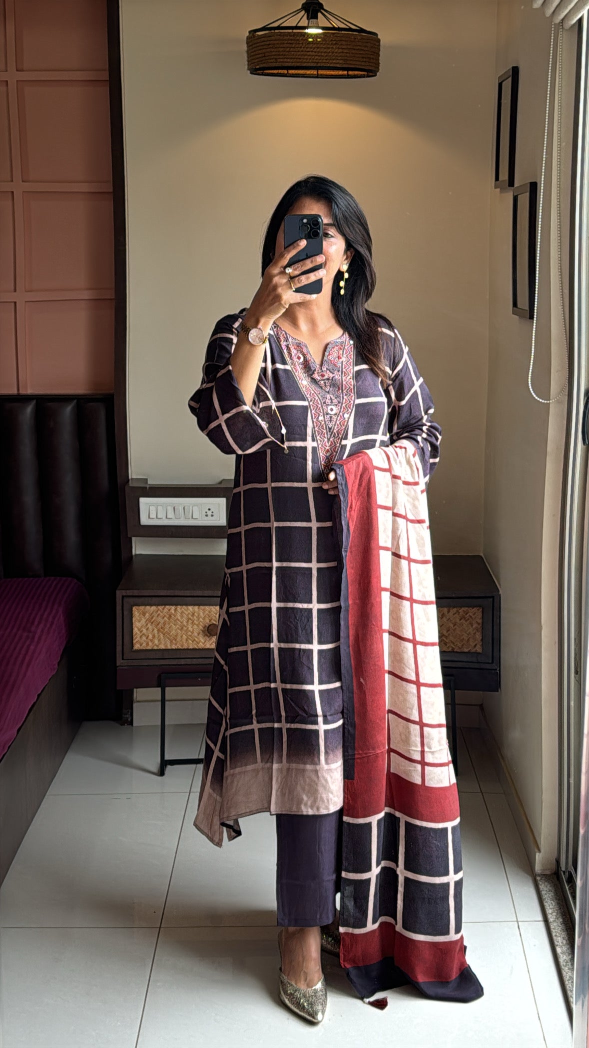Dark Coffee Pure Crepe Dupatta Set with Kalamkari Print & Embroidery | Designer Wear for Women