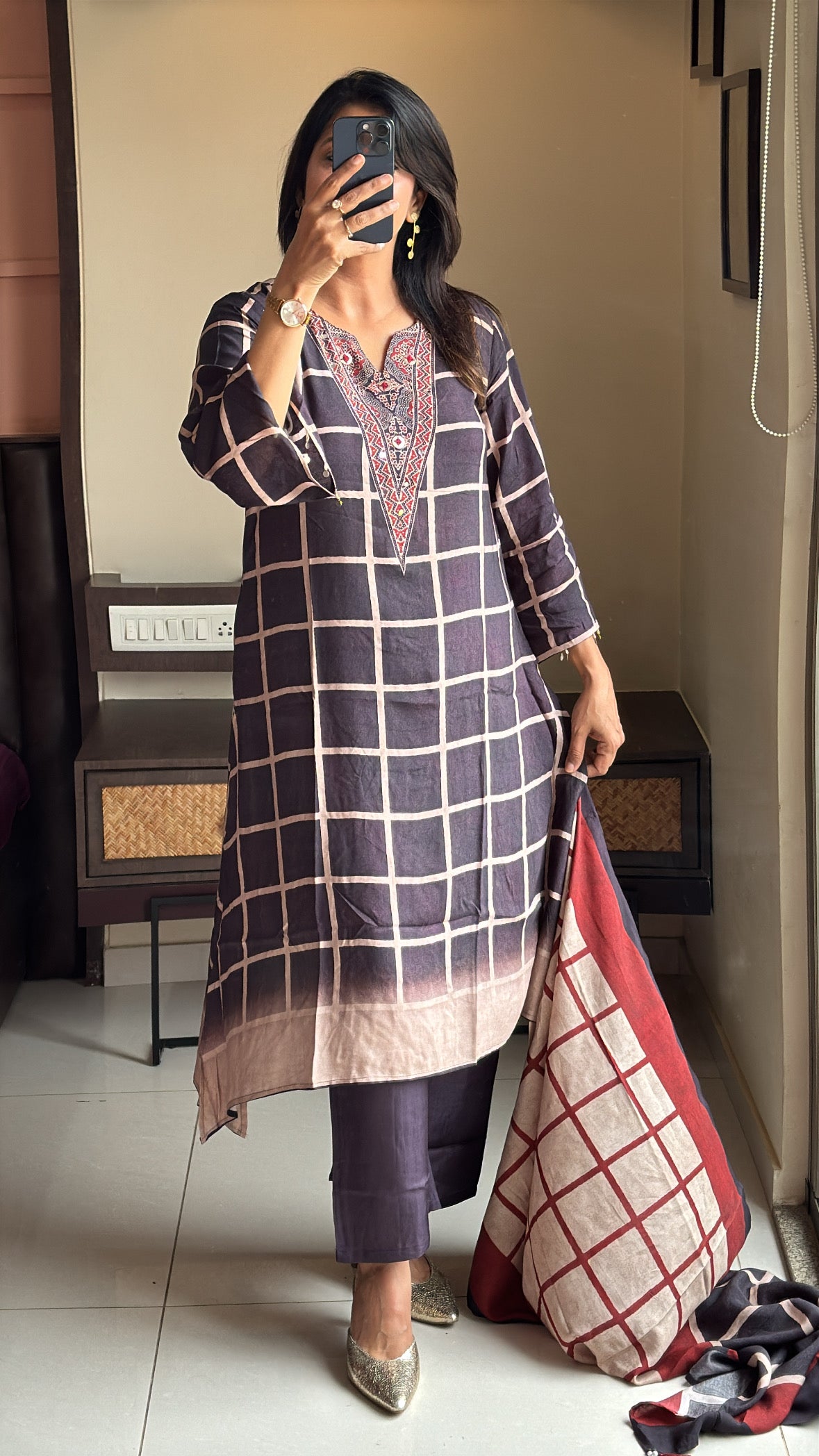Dark Coffee Pure Crepe Dupatta Set with Kalamkari Print & Embroidery | Designer Wear for Women