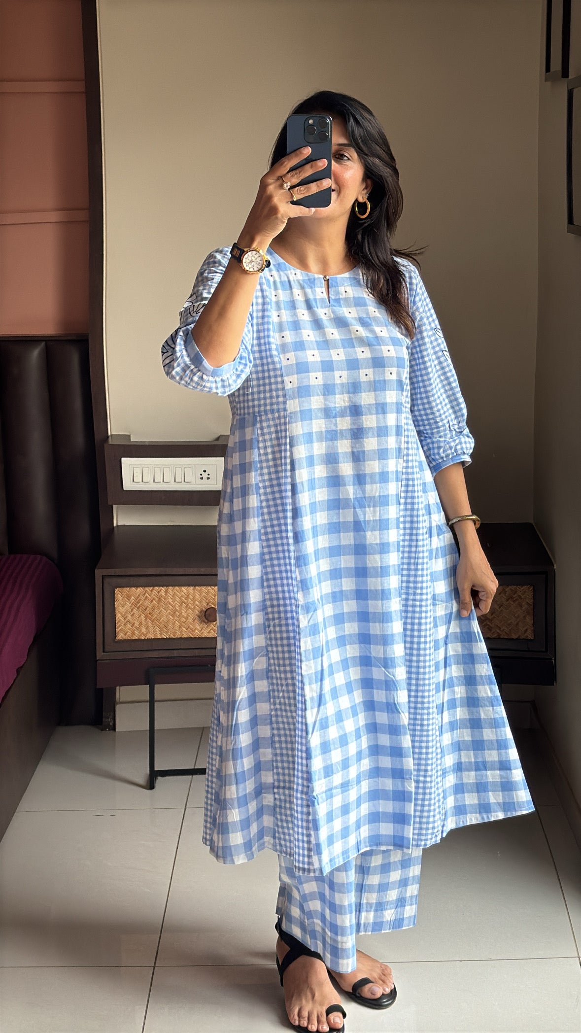 Blue & White A-Line Checked Kurti Palazzo Set | Dot Thread Yoke Work | Pure Cotton