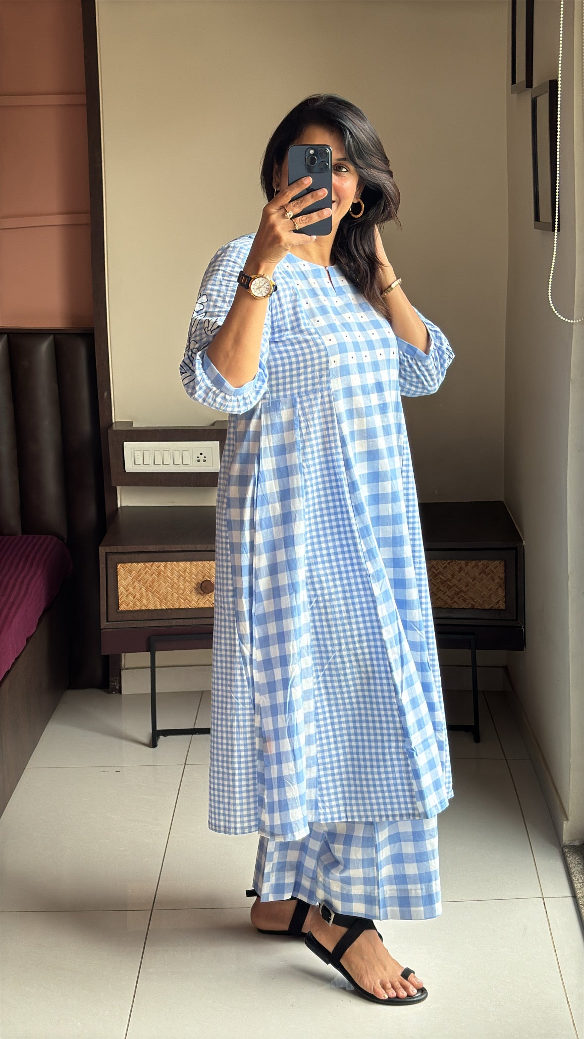 Blue & White A-Line Checked Kurti Palazzo Set | Dot Thread Yoke Work | Pure Cotton
