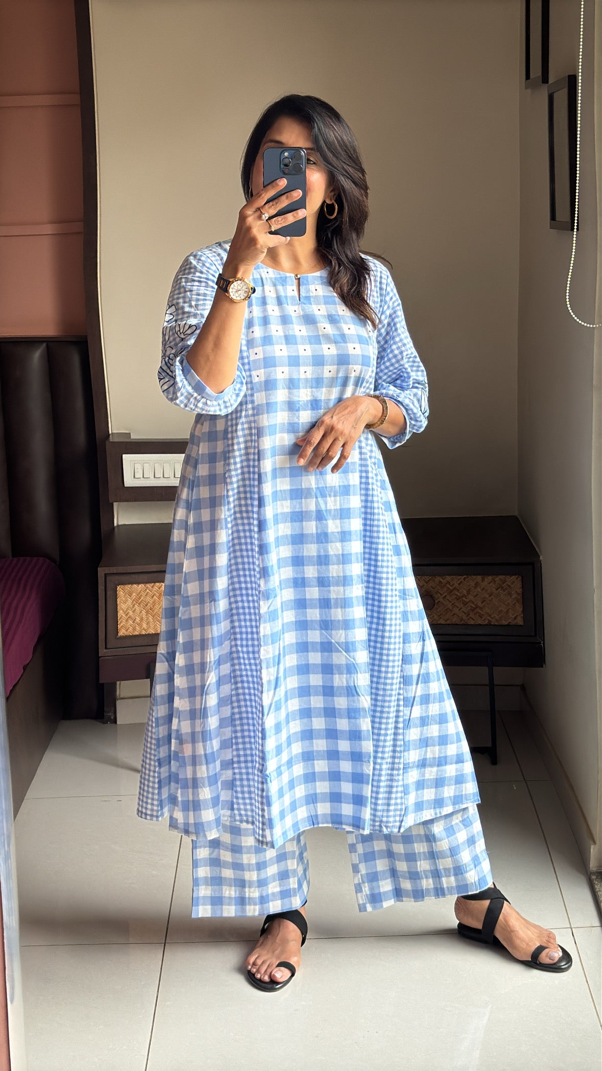Blue & White A-Line Checked Kurti Palazzo Set | Dot Thread Yoke Work | Pure Cotton