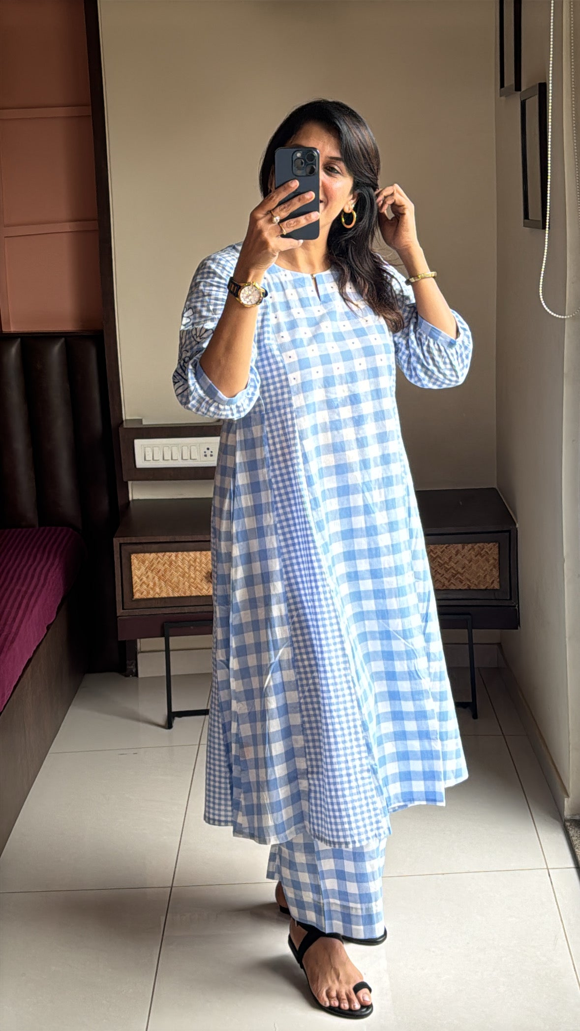 Blue & White A-Line Checked Kurti Palazzo Set | Dot Thread Yoke Work | Pure Cotton