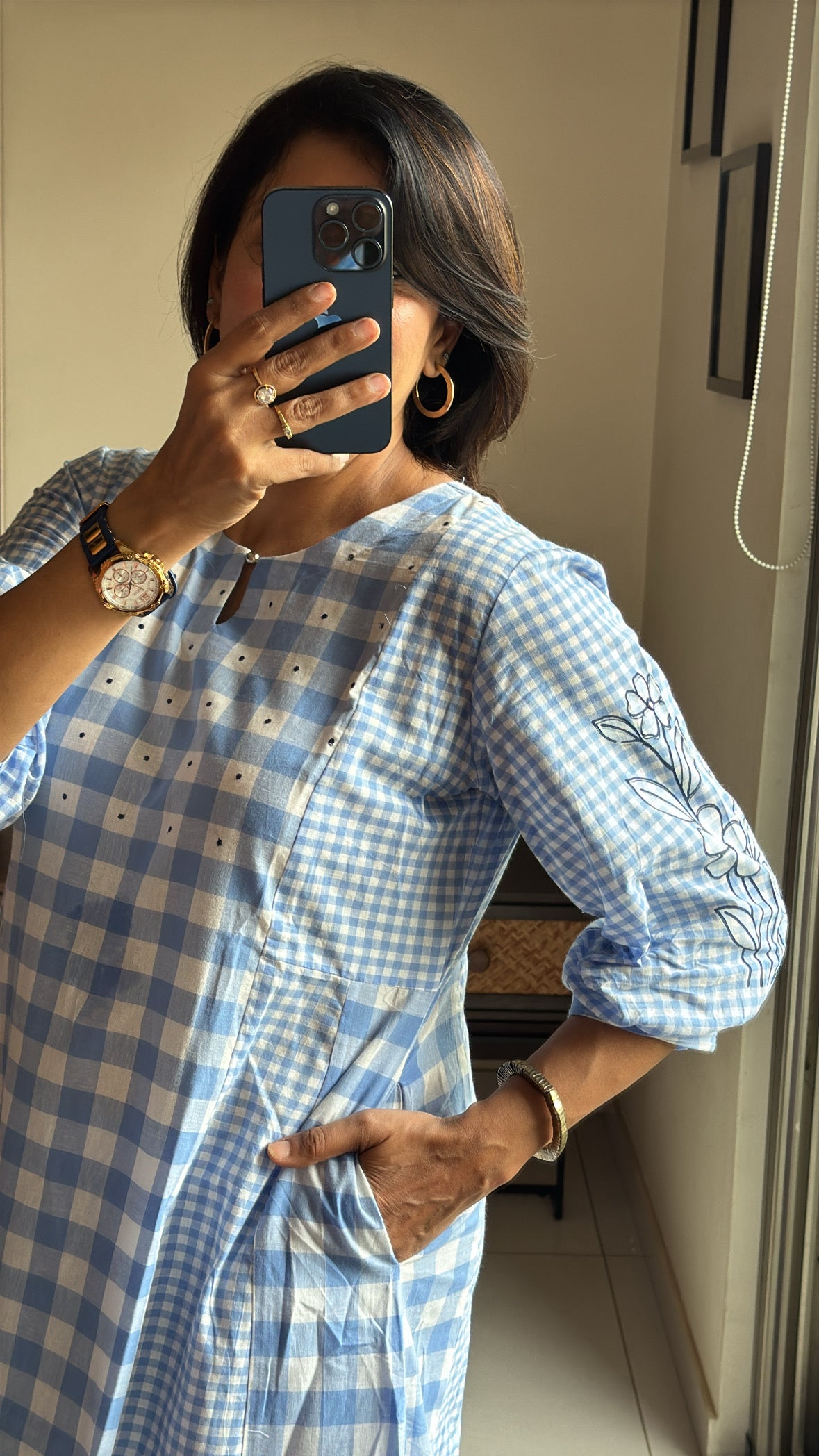 Blue & White A-Line Checked Kurti Palazzo Set | Dot Thread Yoke Work | Pure Cotton