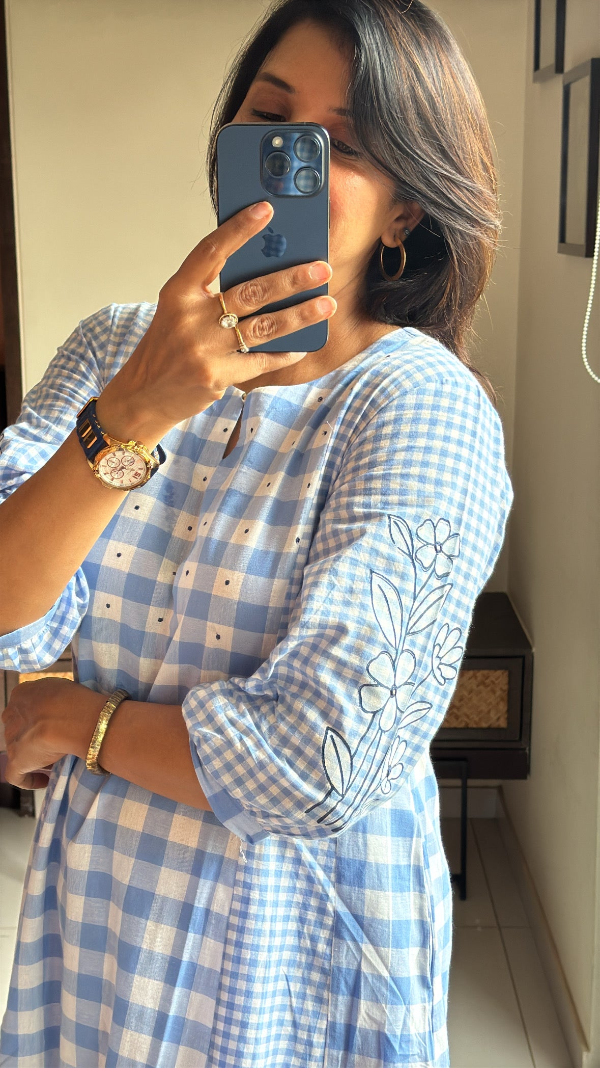 Blue & White A-Line Checked Kurti Palazzo Set | Dot Thread Yoke Work | Pure Cotton