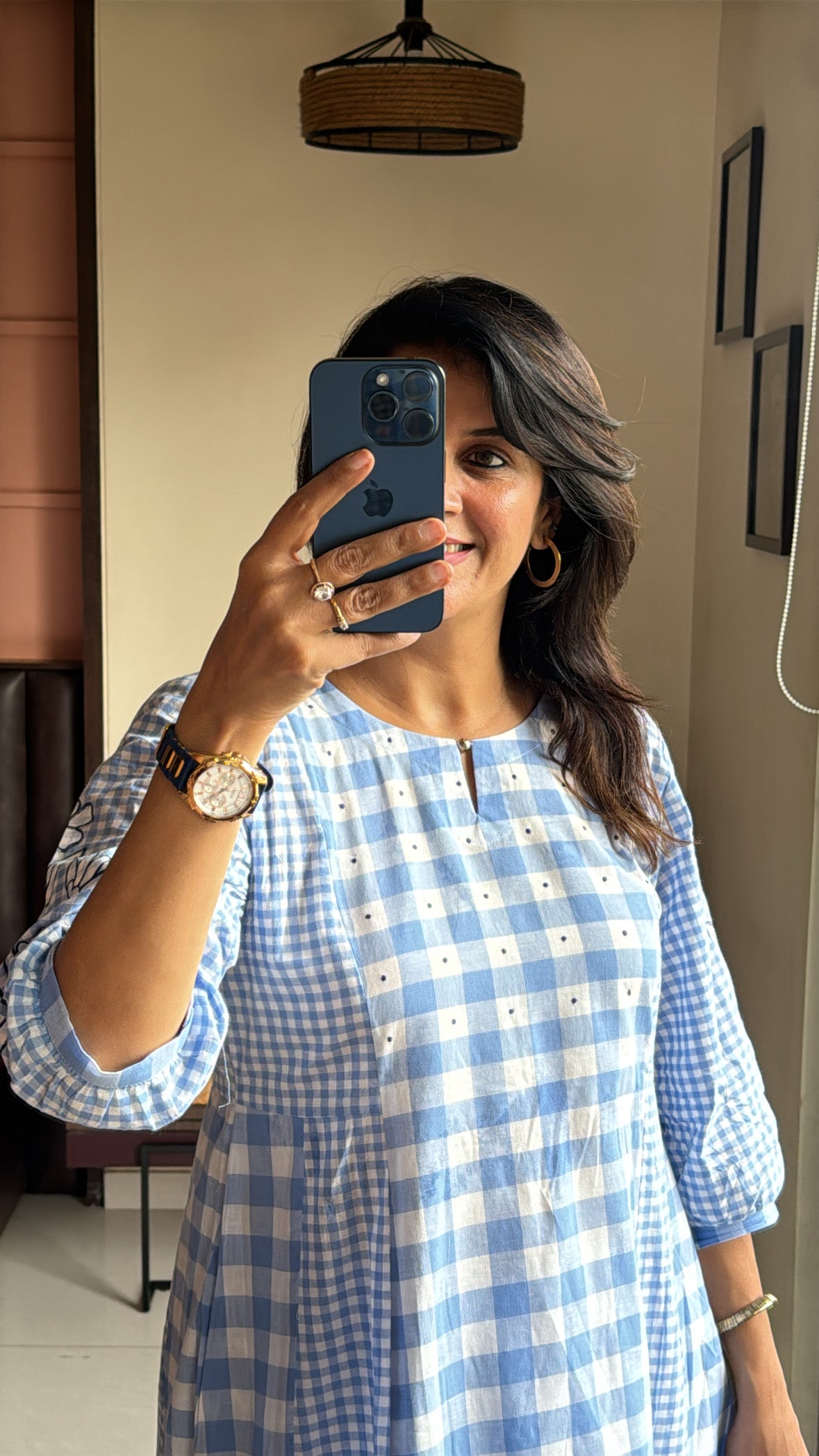 Blue & White A-Line Checked Kurti Palazzo Set | Dot Thread Yoke Work | Pure Cotton