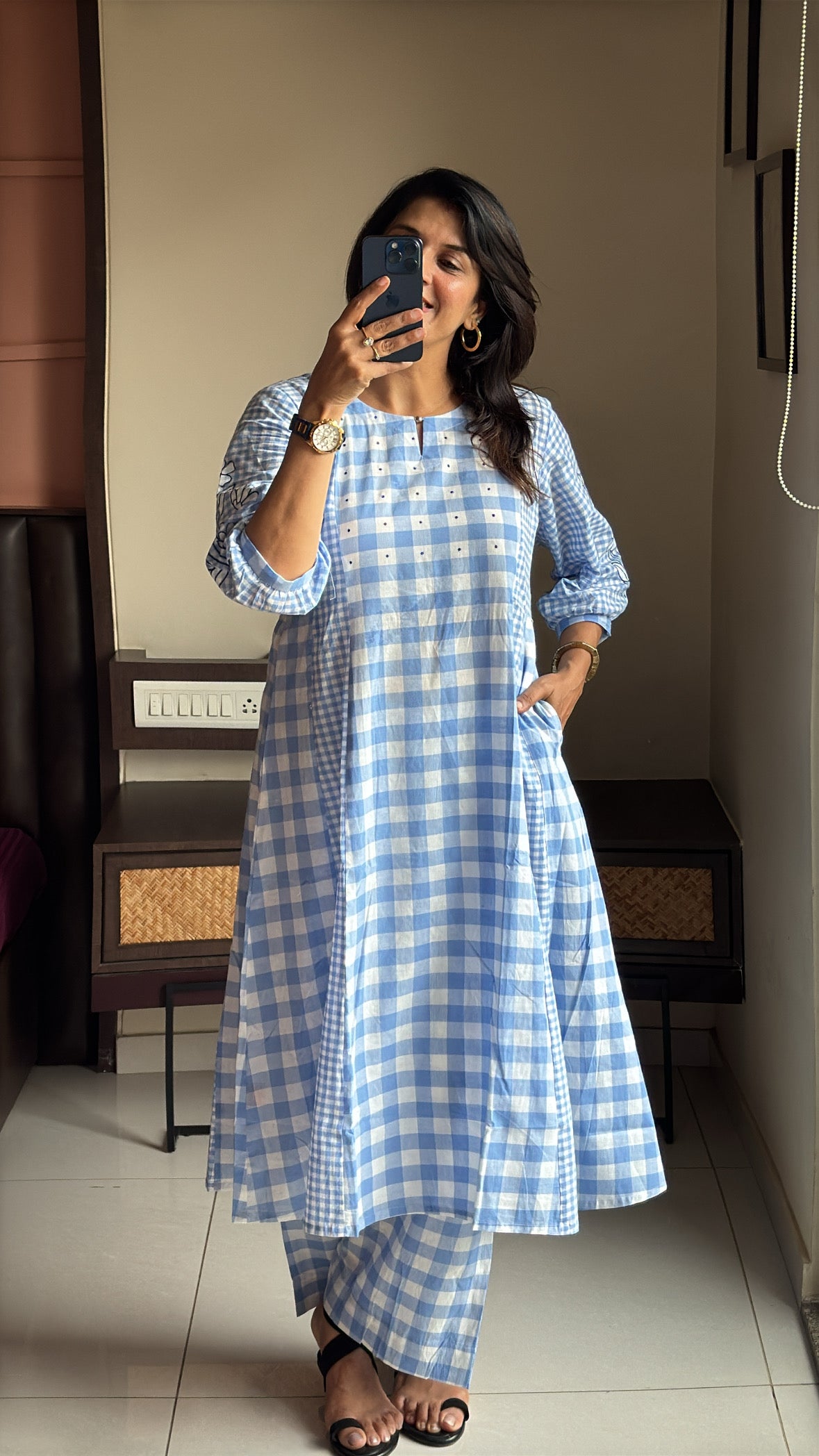 Blue & White A-Line Checked Kurti Palazzo Set | Dot Thread Yoke Work | Pure Cotton