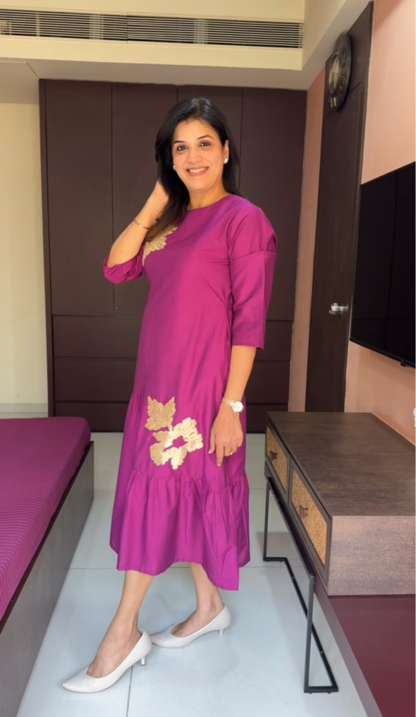 Magenta Muslin Long Tunic Dress | Sequins Embroidery