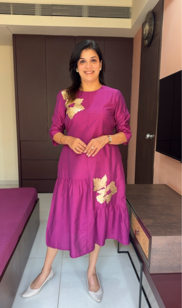 Magenta Muslin Long Tunic Dress | Sequins Embroidery