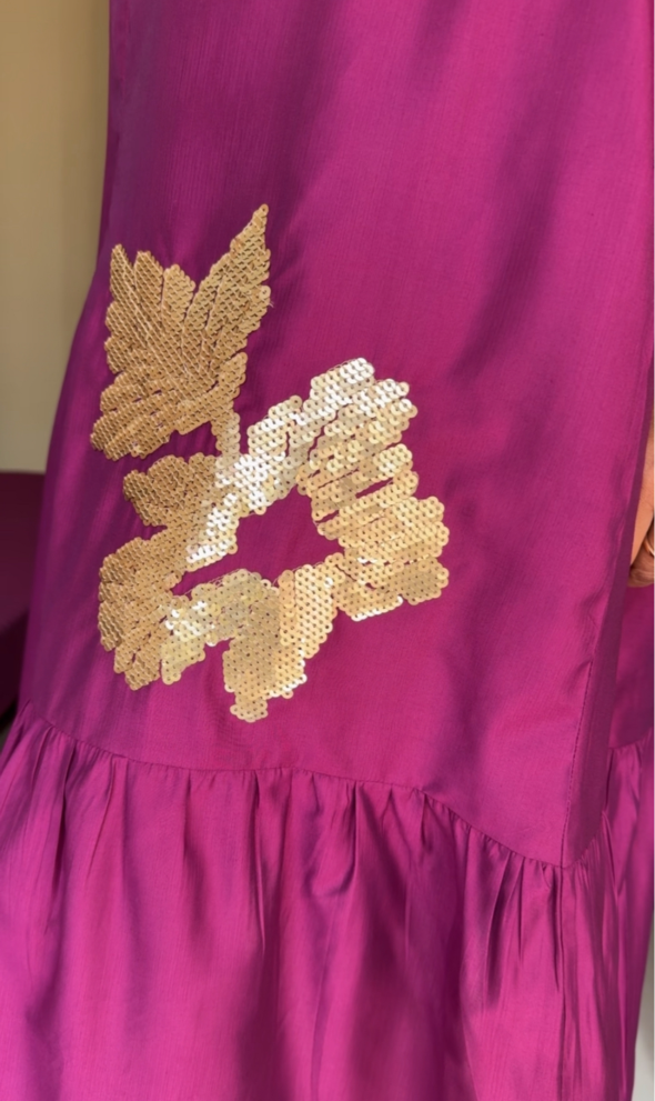 Magenta Muslin Long Tunic Dress | Sequins Embroidery