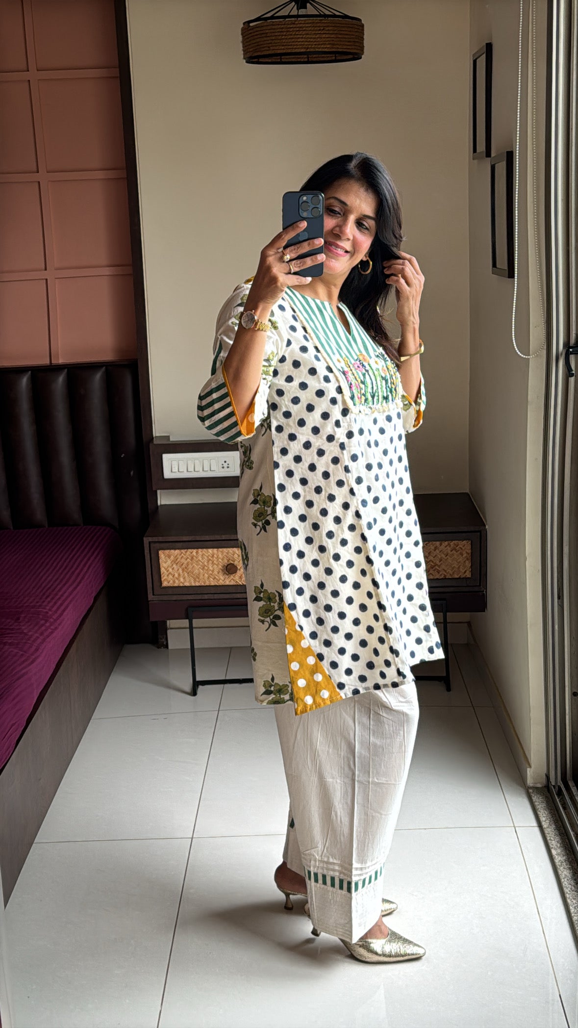 White Short Kurti with Farsi Salwar Co-Ord Set | Polka Dot Print & Thread Embroidery | Pure Mul Mul