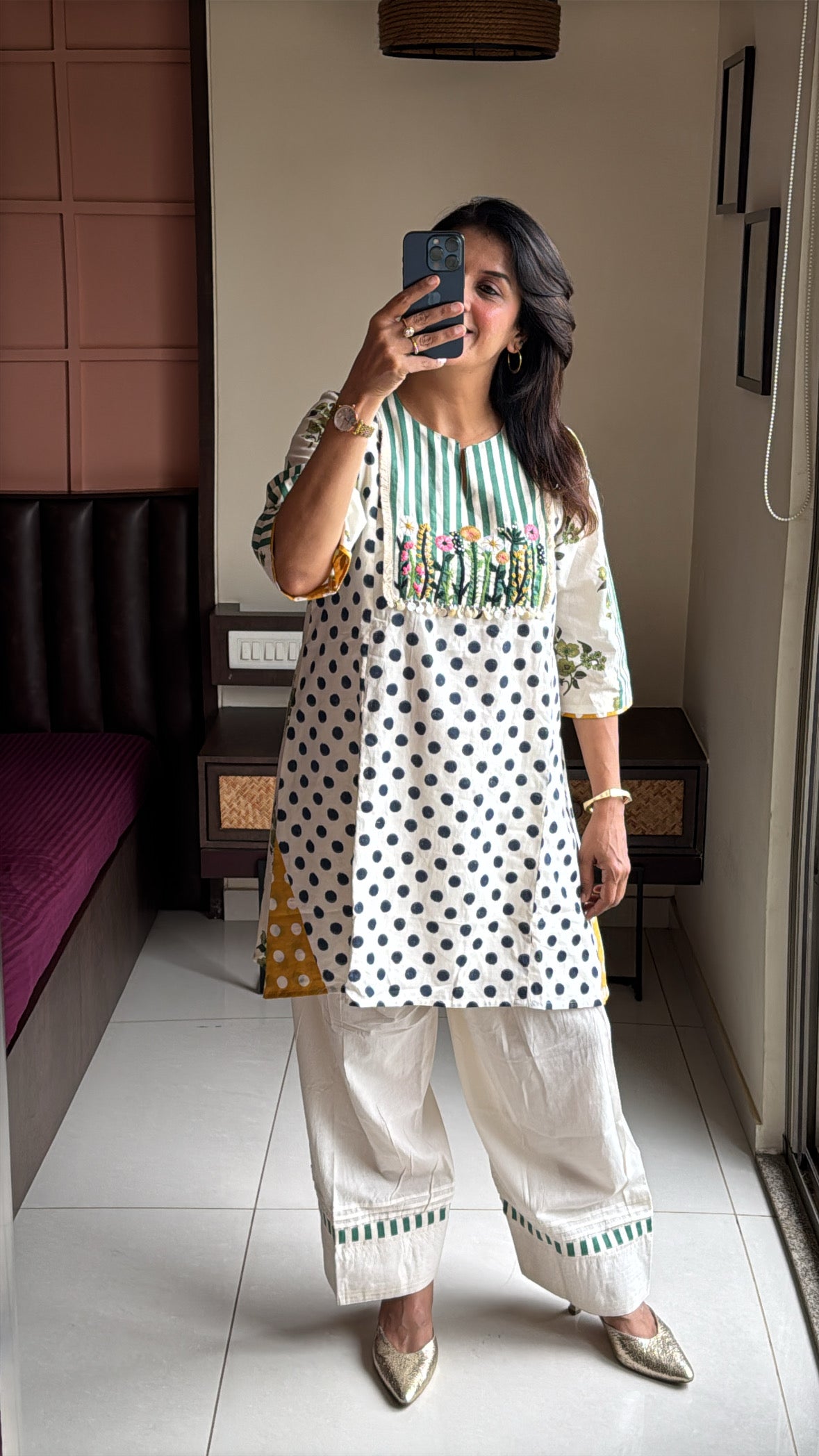 White Short Kurti with Farsi Salwar Co-Ord Set | Polka Dot Print & Thread Embroidery | Pure Mul Mul