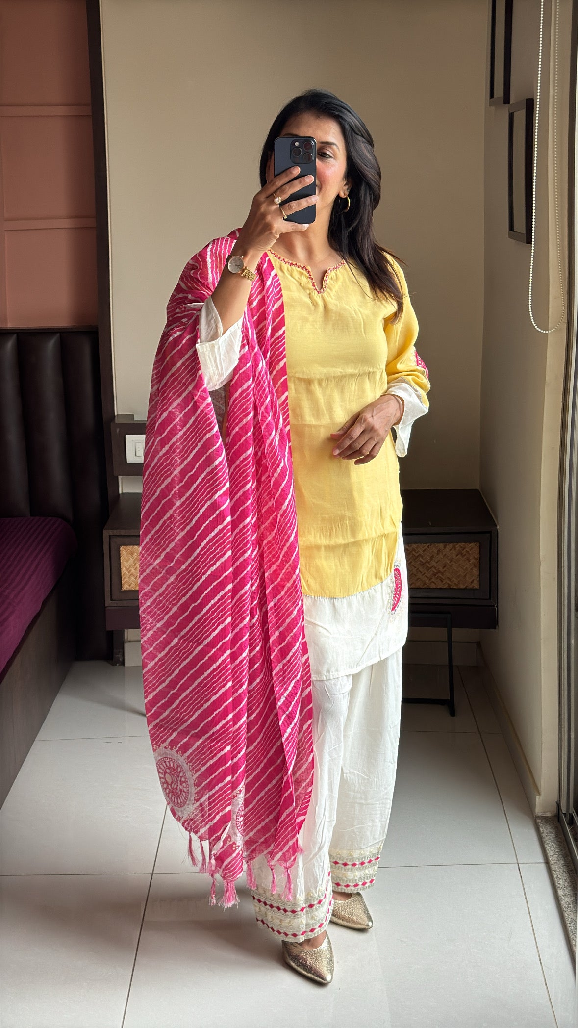 Yellow & Cream Short Kurti with Farsi Salwar & Leheriya Print Dupatta | Pearl Embroidery | Pure Mul Chanderi