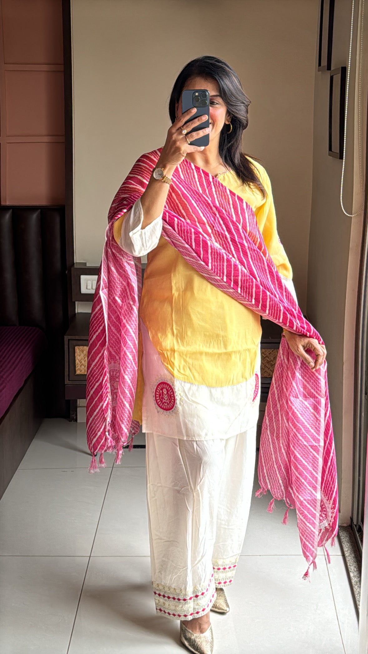 Yellow & Cream Short Kurti with Farsi Salwar & Leheriya Print Dupatta | Pearl Embroidery | Pure Mul Chanderi