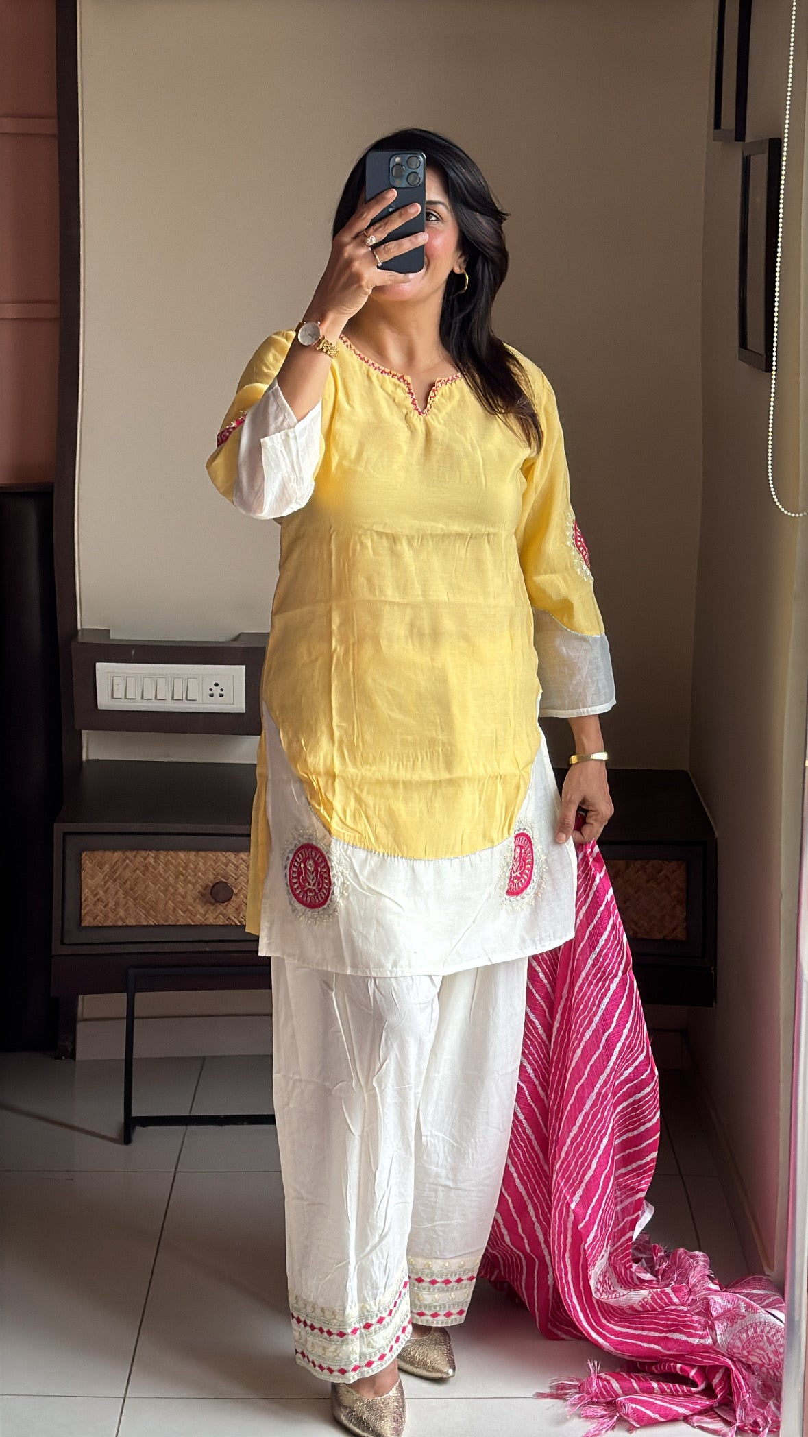 Yellow & Cream Short Kurti with Farsi Salwar & Leheriya Print Dupatta | Pearl Embroidery | Pure Mul Chanderi