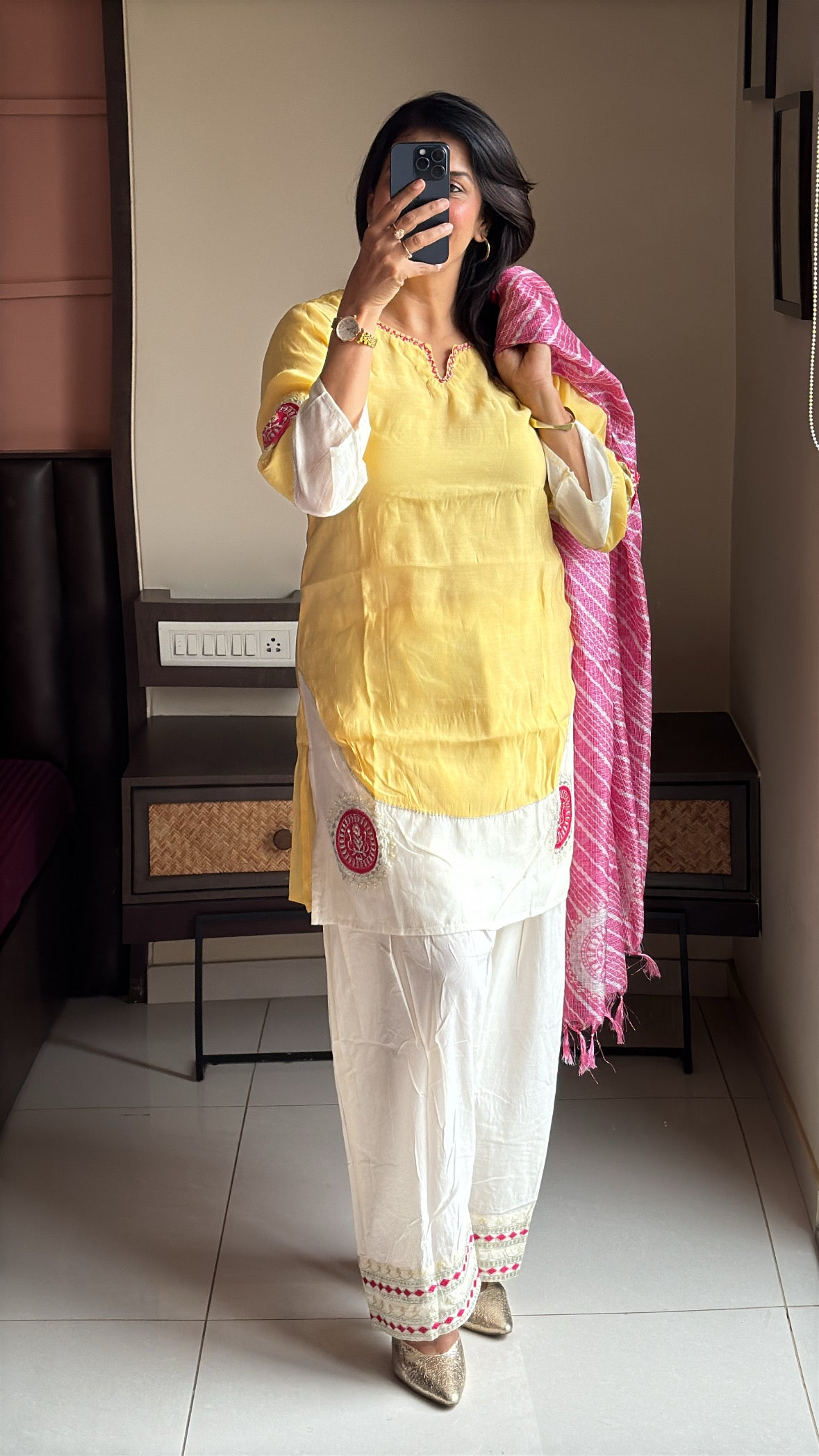 Yellow & Cream Short Kurti with Farsi Salwar & Leheriya Print Dupatta | Pearl Embroidery | Pure Mul Chanderi