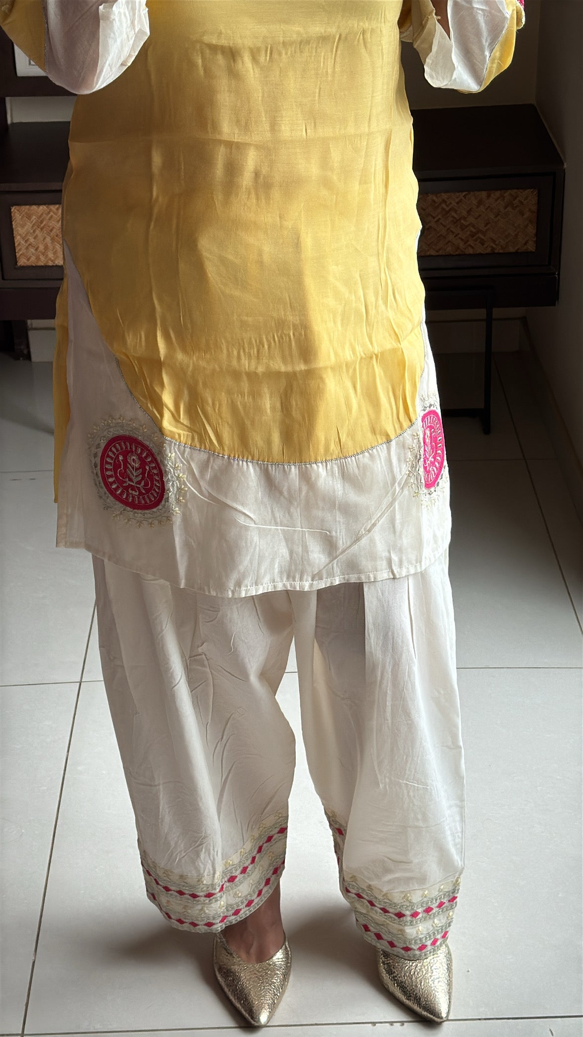 Yellow & Cream Short Kurti with Farsi Salwar & Leheriya Print Dupatta | Pearl Embroidery | Pure Mul Chanderi