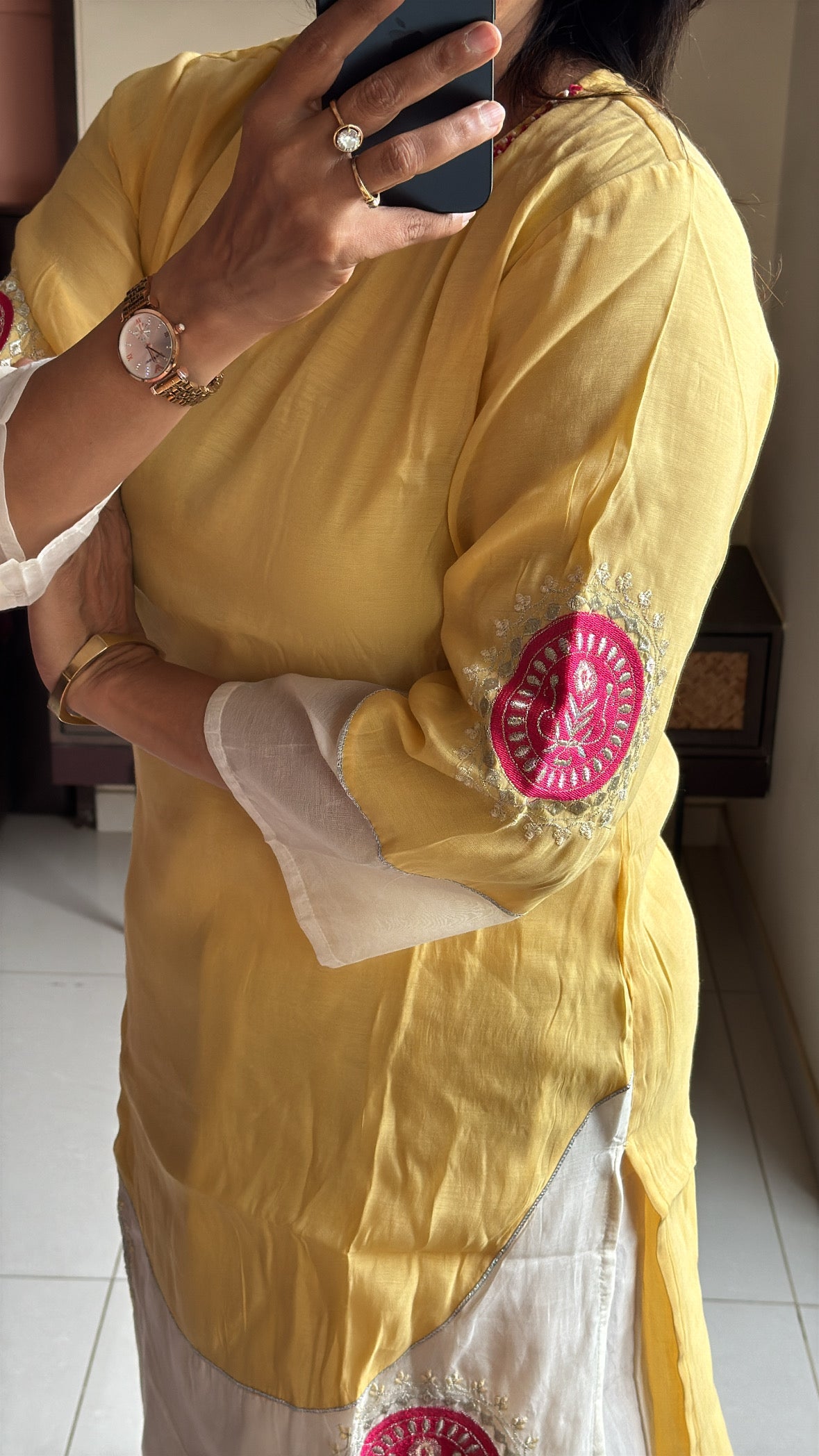 Yellow & Cream Short Kurti with Farsi Salwar & Leheriya Print Dupatta | Pearl Embroidery | Pure Mul Chanderi