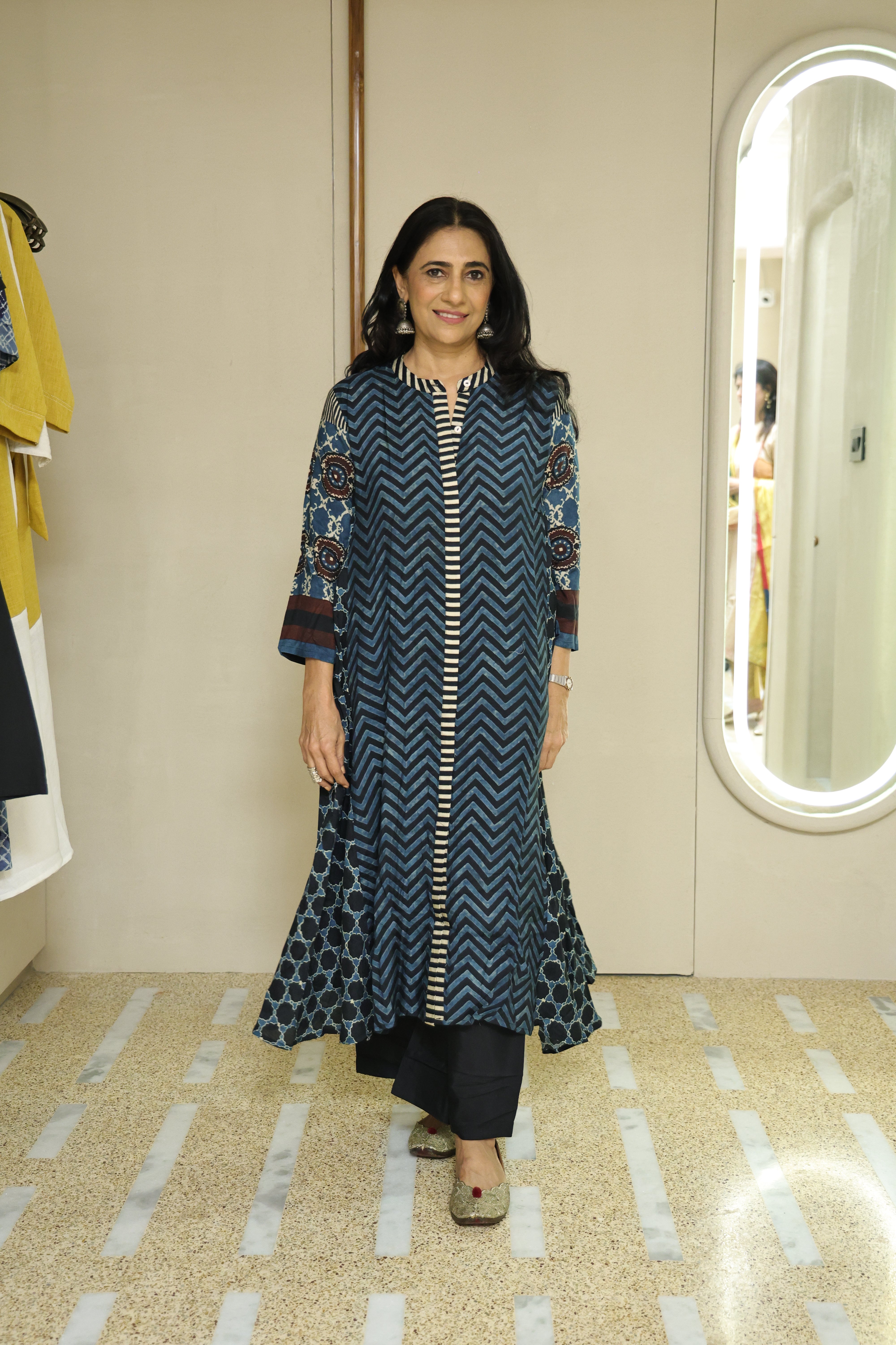 Dark Blue Ajrakh Print A-Line Kurta Pant Set | Pure Muslin Silk
