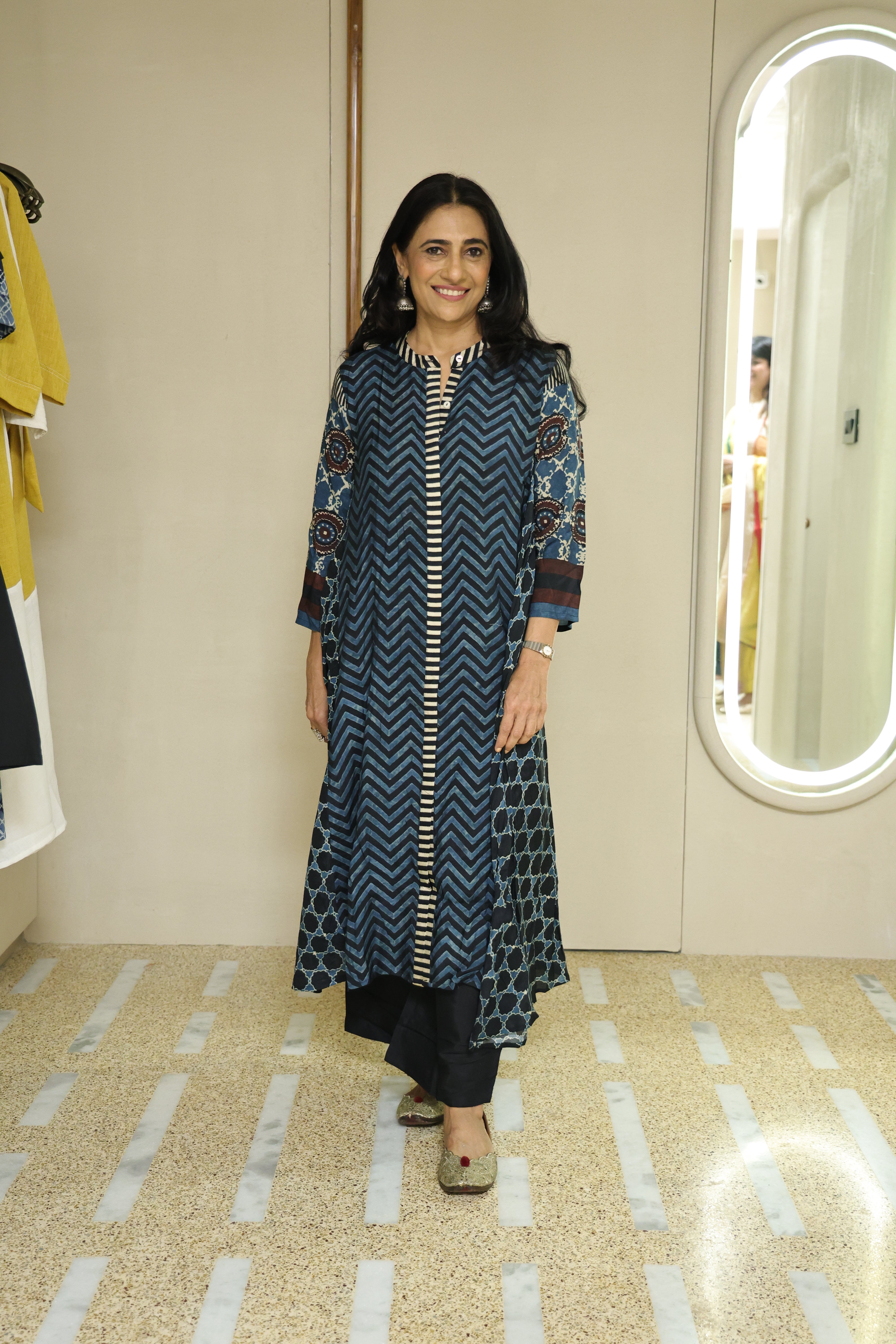 Dark Blue Ajrakh Print A-Line Kurta Pant Set | Pure Muslin Silk