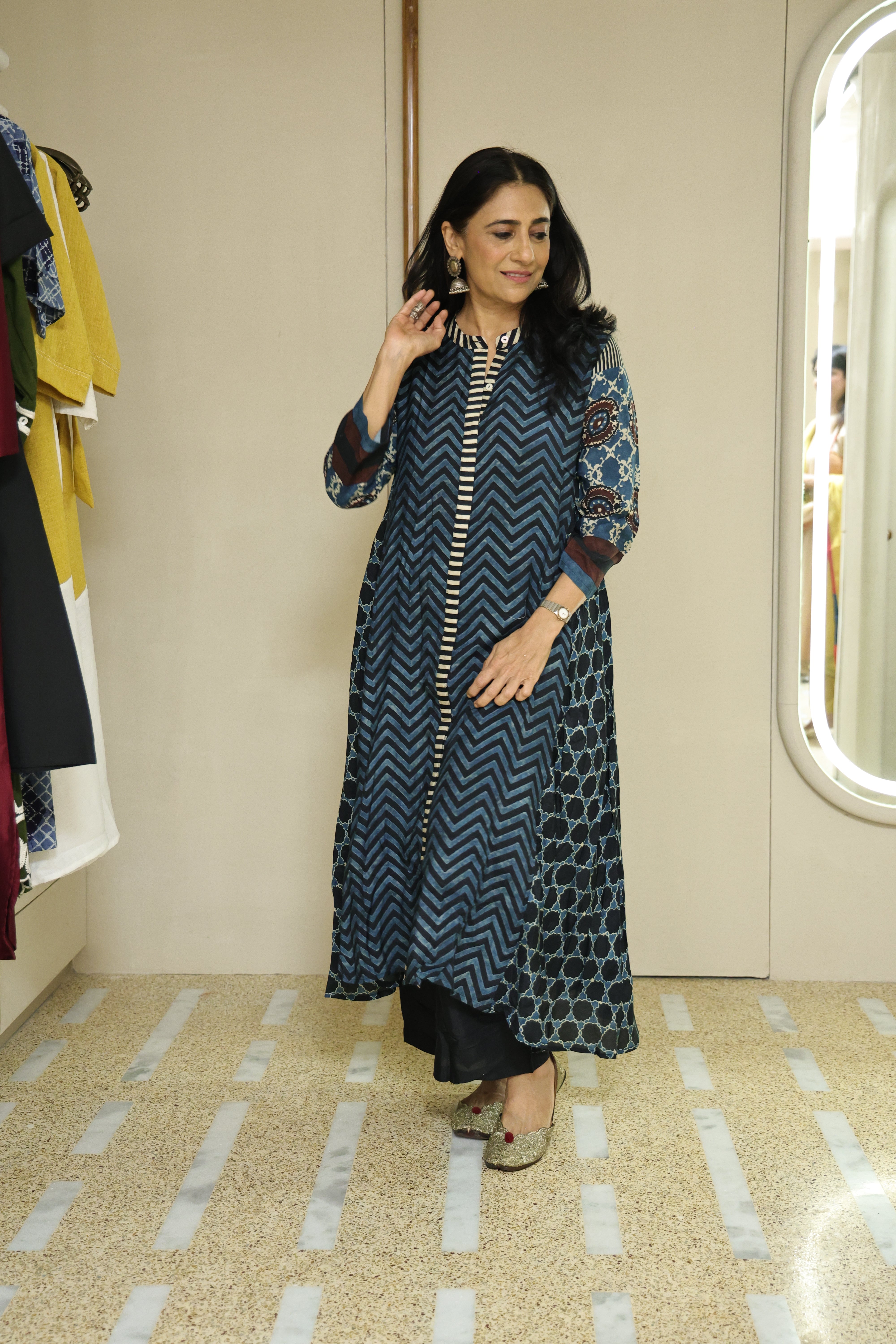 Dark Blue Ajrakh Print A-Line Kurta Pant Set | Pure Muslin Silk