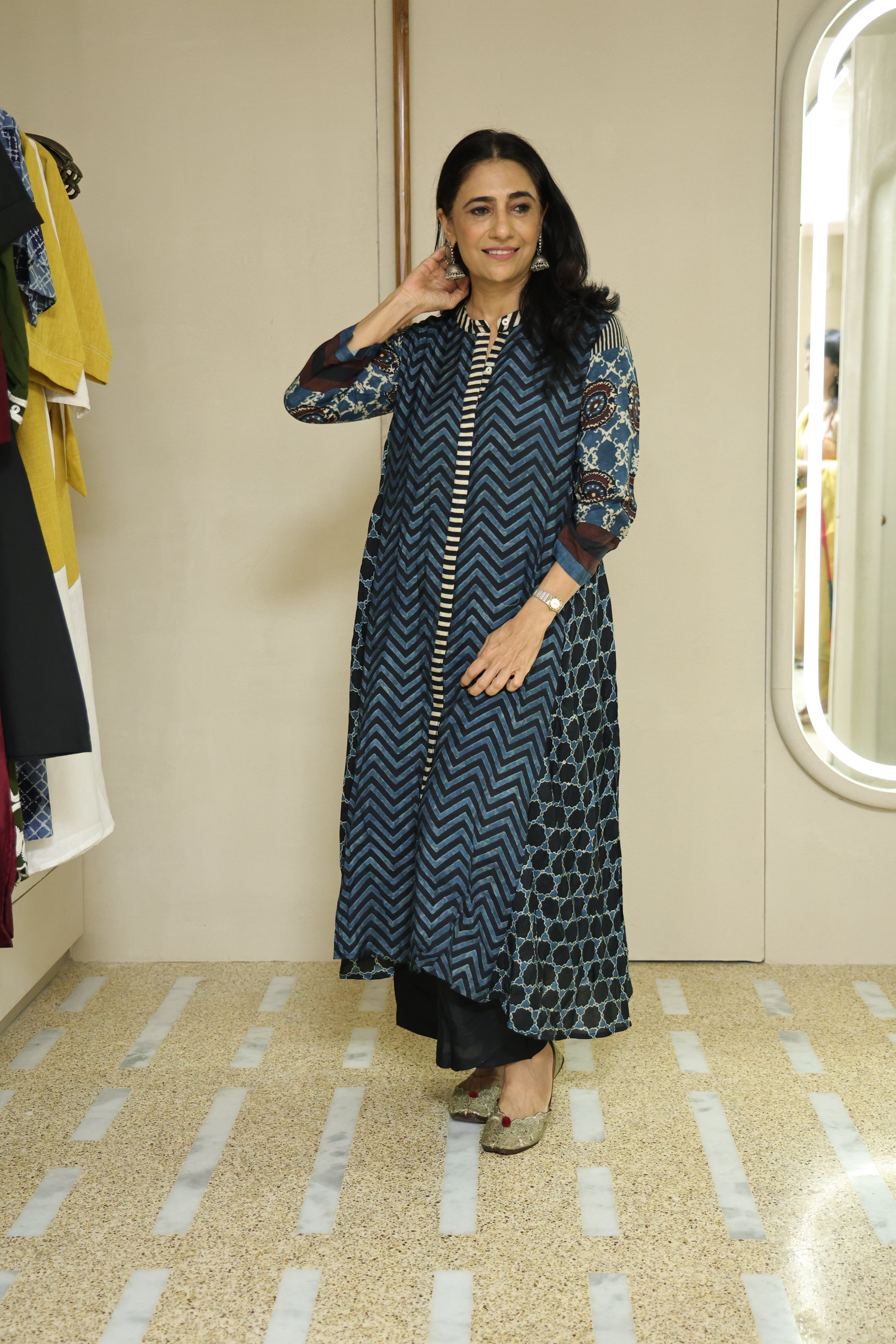 Dark Blue Ajrakh Print A-Line Kurta Pant Set | Pure Muslin Silk
