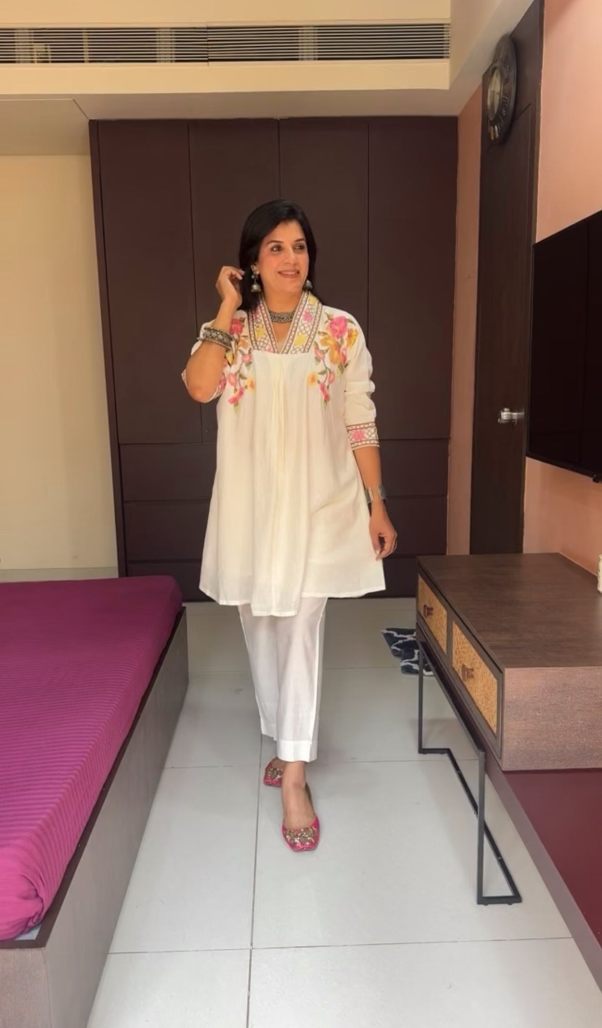 Off White Muslin No-Shoulder Co-ord Set | Cross Stitch Embroidery