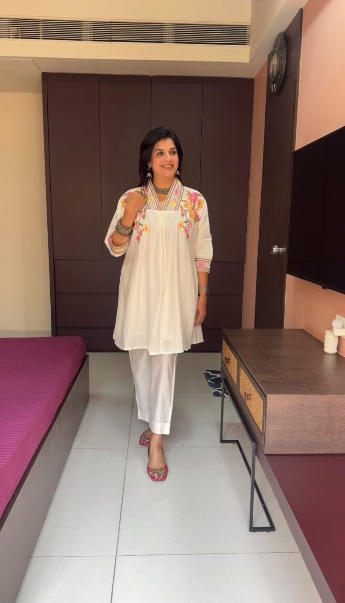 Off White Muslin No-Shoulder Co-ord Set | Cross Stitch Embroidery