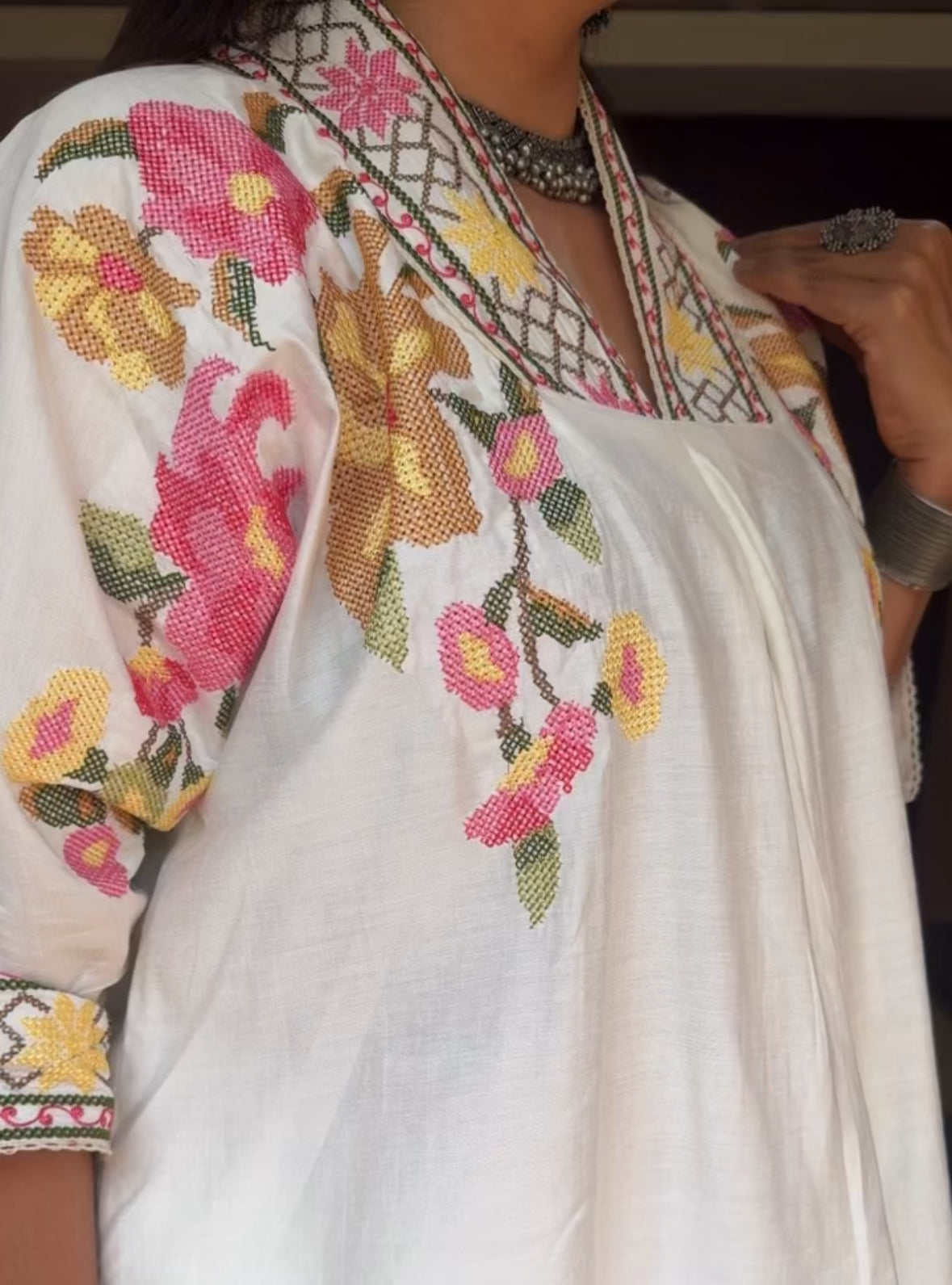 Off White Muslin No-Shoulder Co-ord Set | Cross Stitch Embroidery