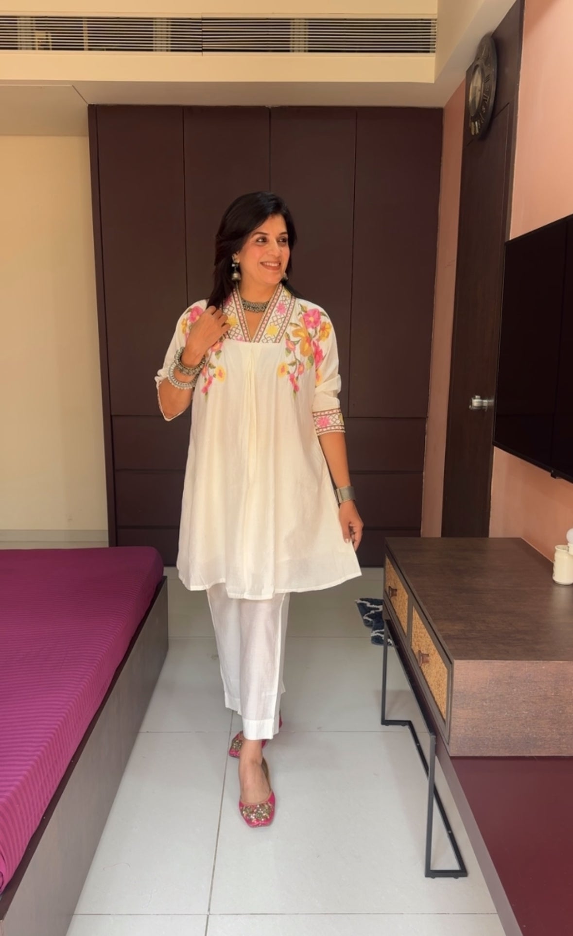 Off White Muslin No-Shoulder Co-ord Set | Cross Stitch Embroidery