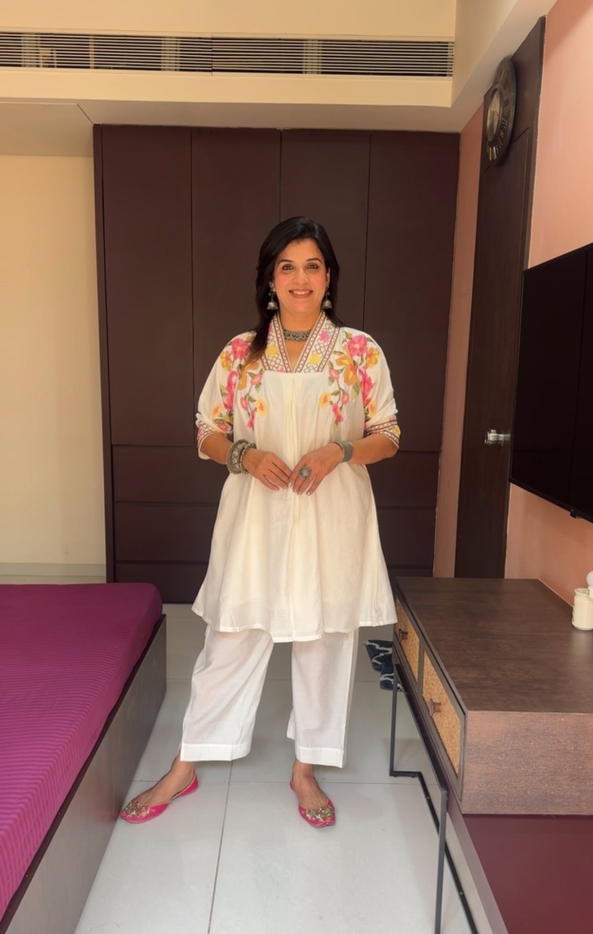 Off White Muslin No-Shoulder Co-ord Set | Cross Stitch Embroidery