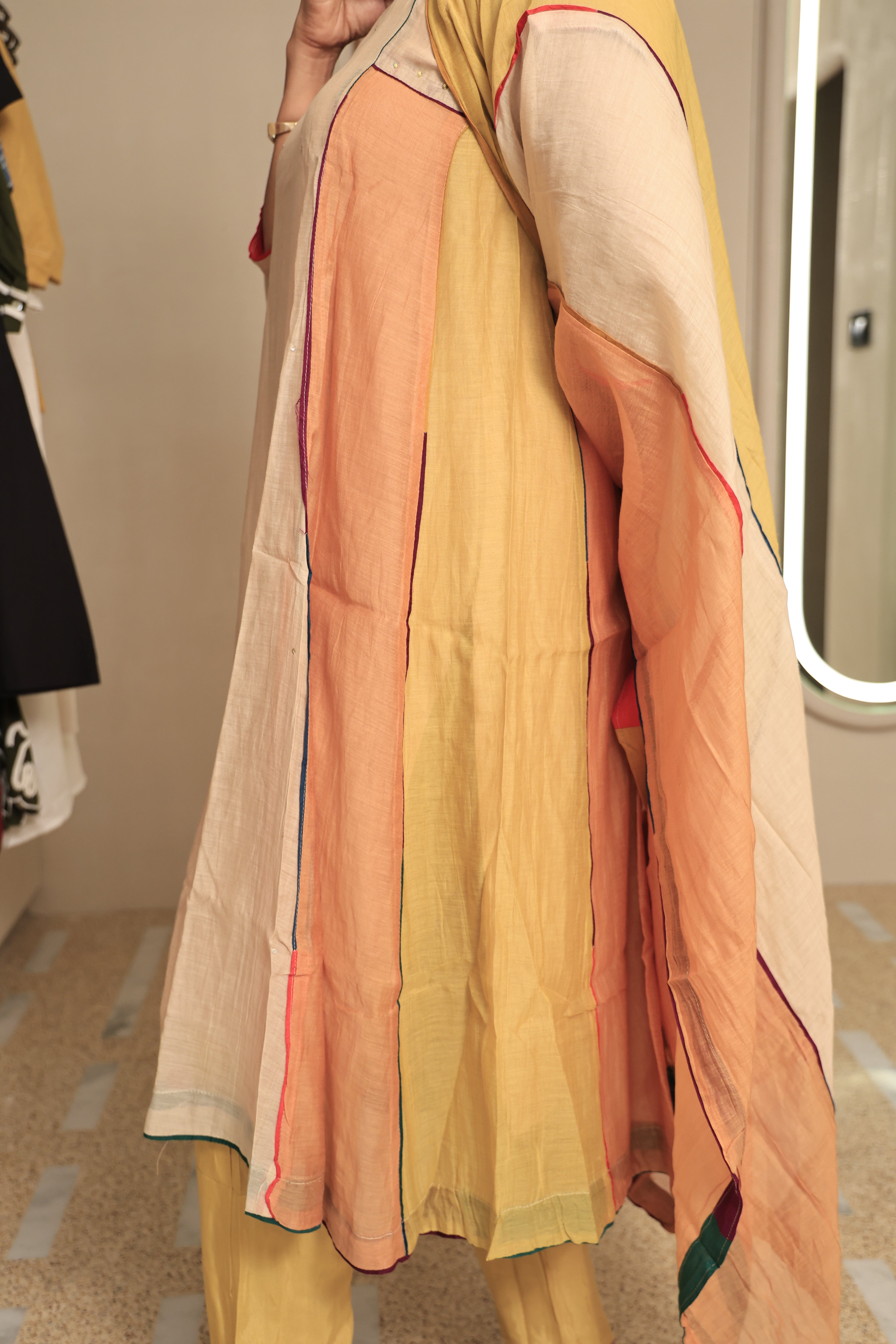 Multi-Coloured A-Line Kurta Pant Dupatta Set | Pearl & Sequin Work | Pure Mul Chanderi