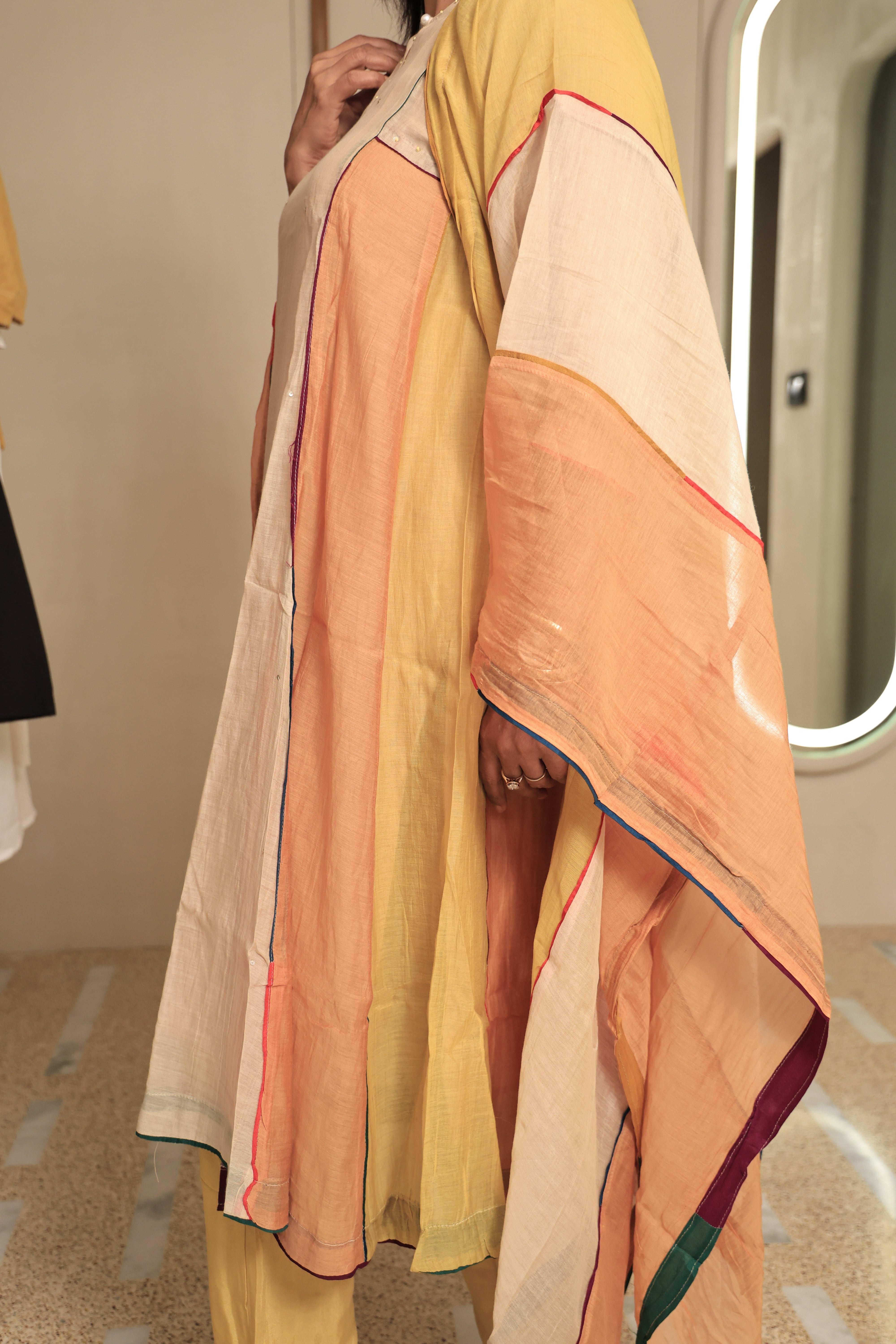 Multi-Coloured A-Line Kurta Pant Dupatta Set | Pearl & Sequin Work | Pure Mul Chanderi