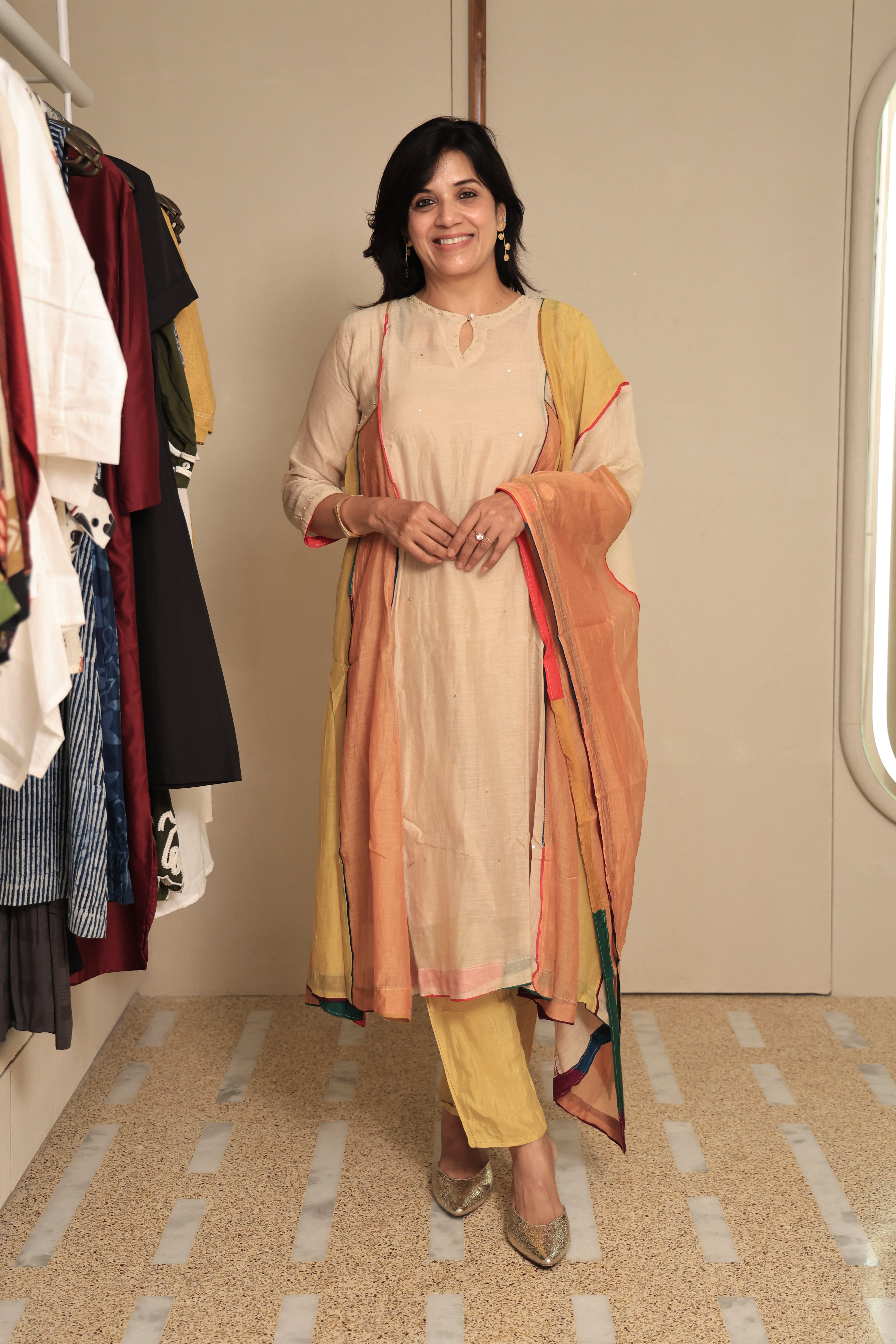 Multi-Coloured A-Line Kurta Pant Dupatta Set | Pearl & Sequin Work | Pure Mul Chanderi