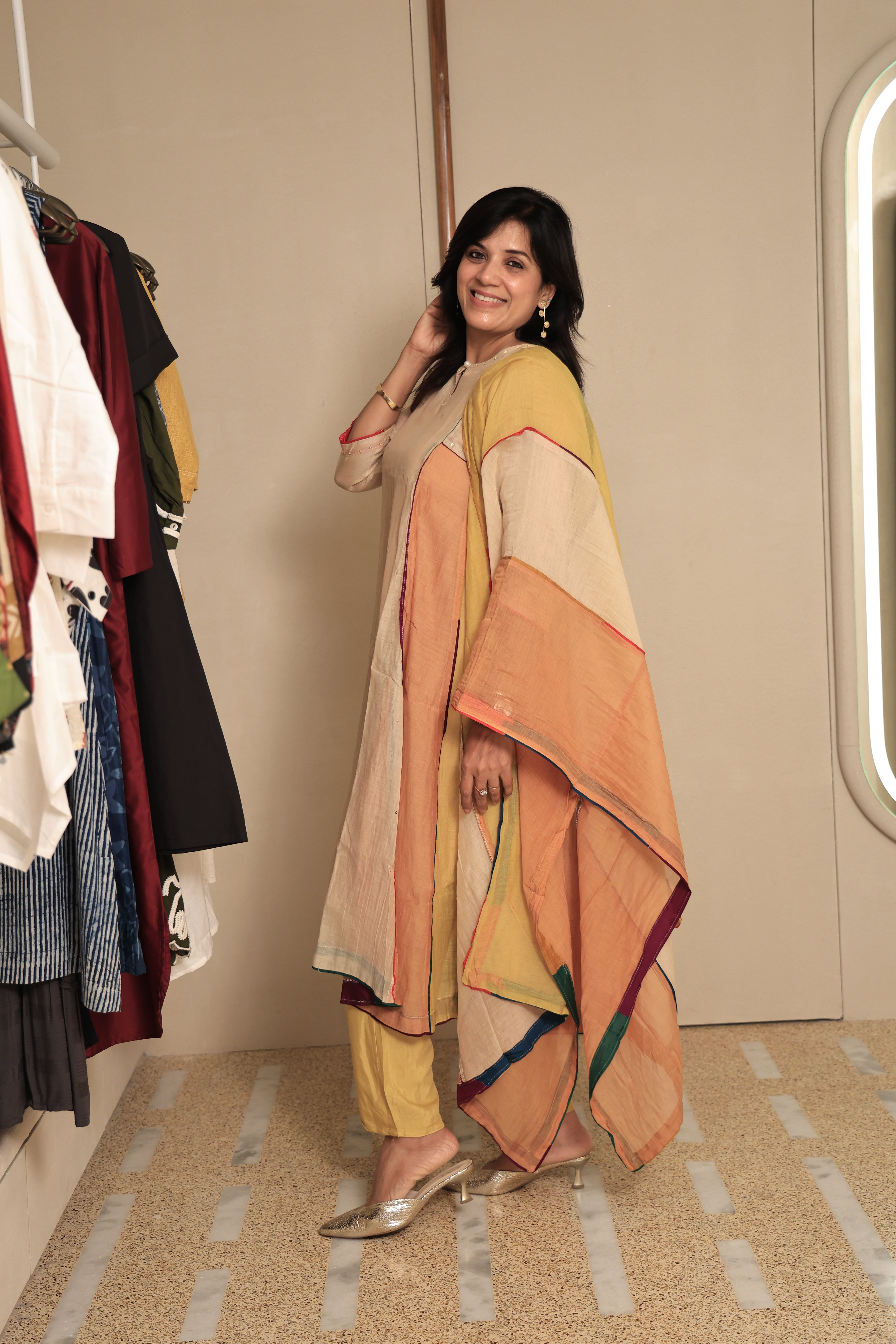 Multi-Coloured A-Line Kurta Pant Dupatta Set | Pearl & Sequin Work | Pure Mul Chanderi