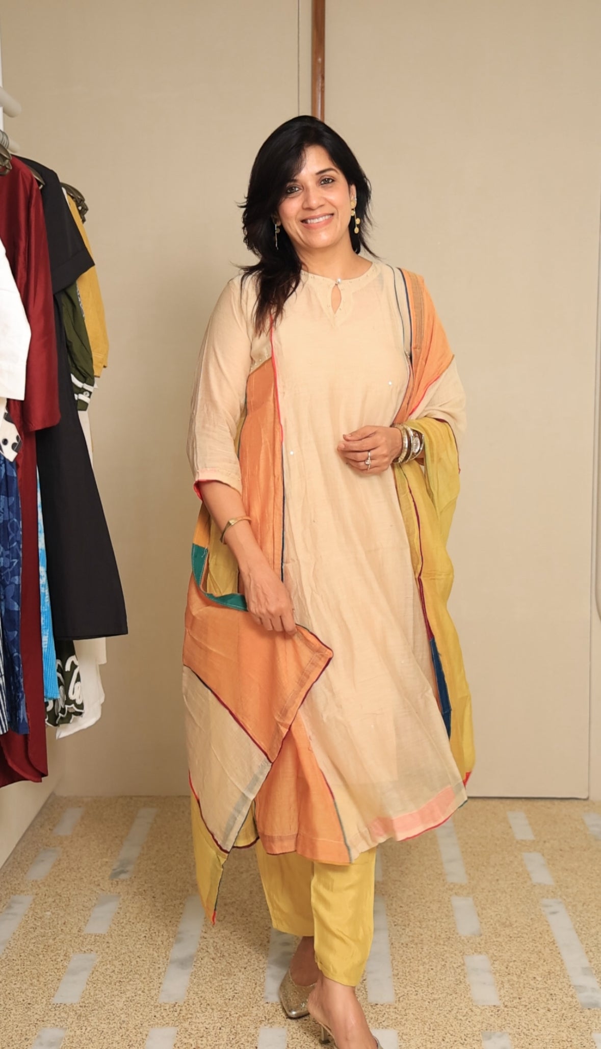 Multi-Coloured A-Line Kurta Pant Dupatta Set | Pearl & Sequin Work | Pure Mul Chanderi