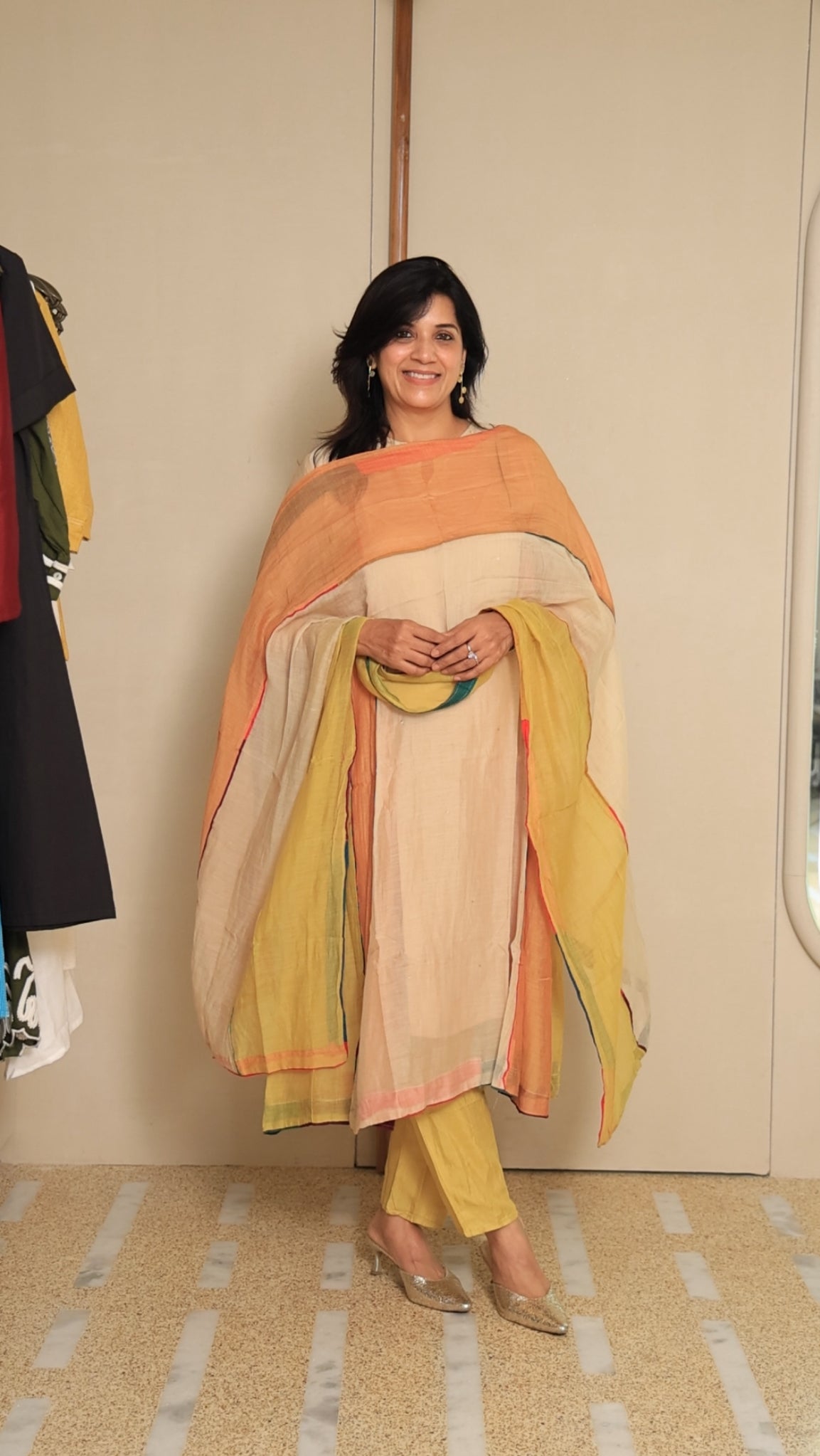 Multi-Coloured A-Line Kurta Pant Dupatta Set | Pearl & Sequin Work | Pure Mul Chanderi