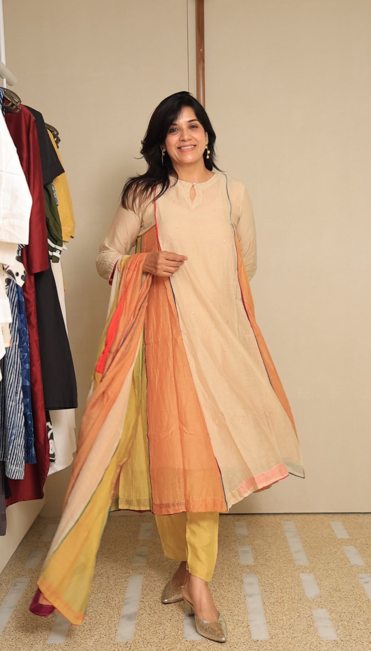 Multi-Coloured A-Line Kurta Pant Dupatta Set | Pearl & Sequin Work | Pure Mul Chanderi