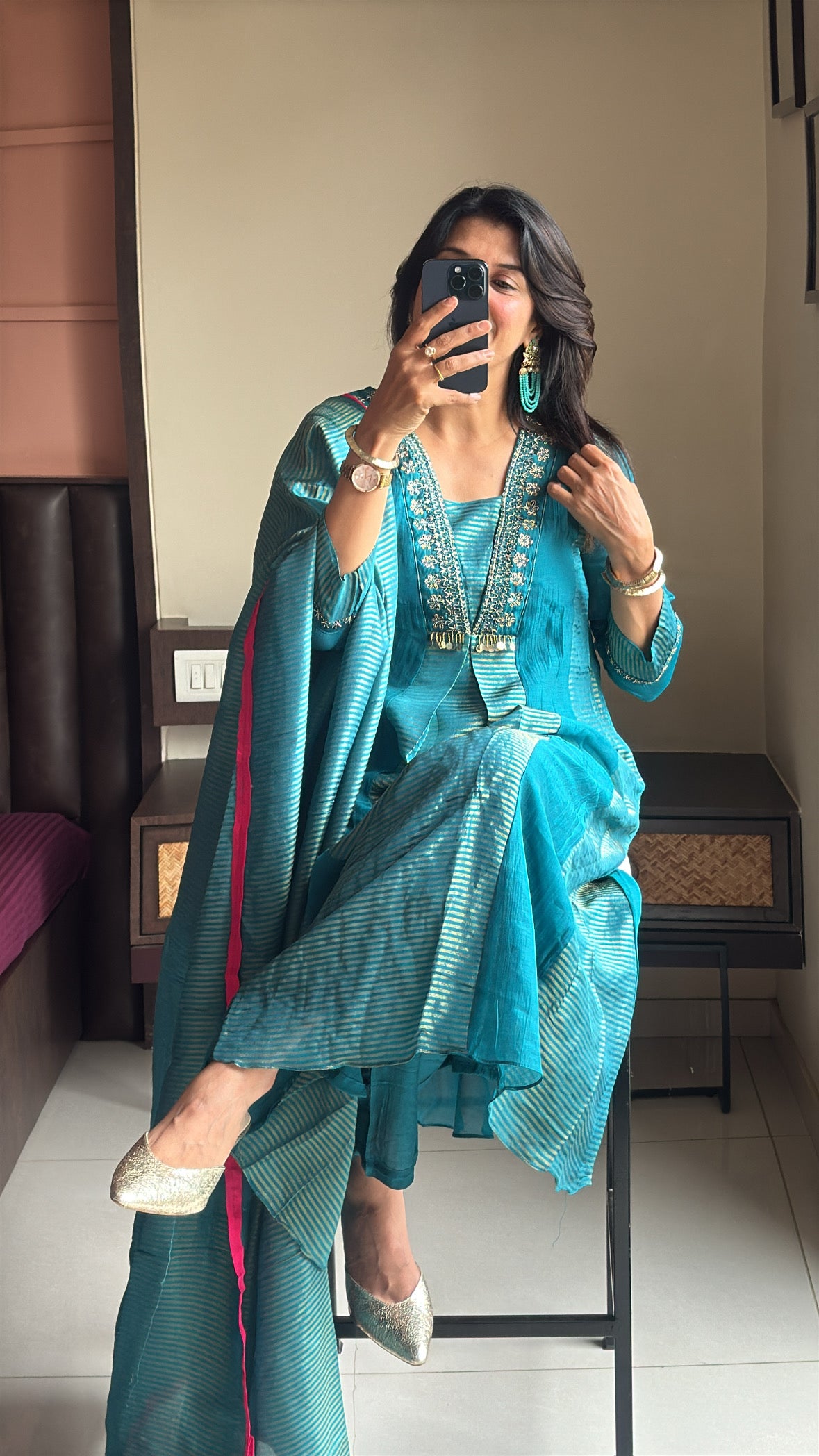 Turquoise Blue A-Line Kurta Pant Dupatta Set | Embroidery Work | Pure Banarasi Mul Chanderi