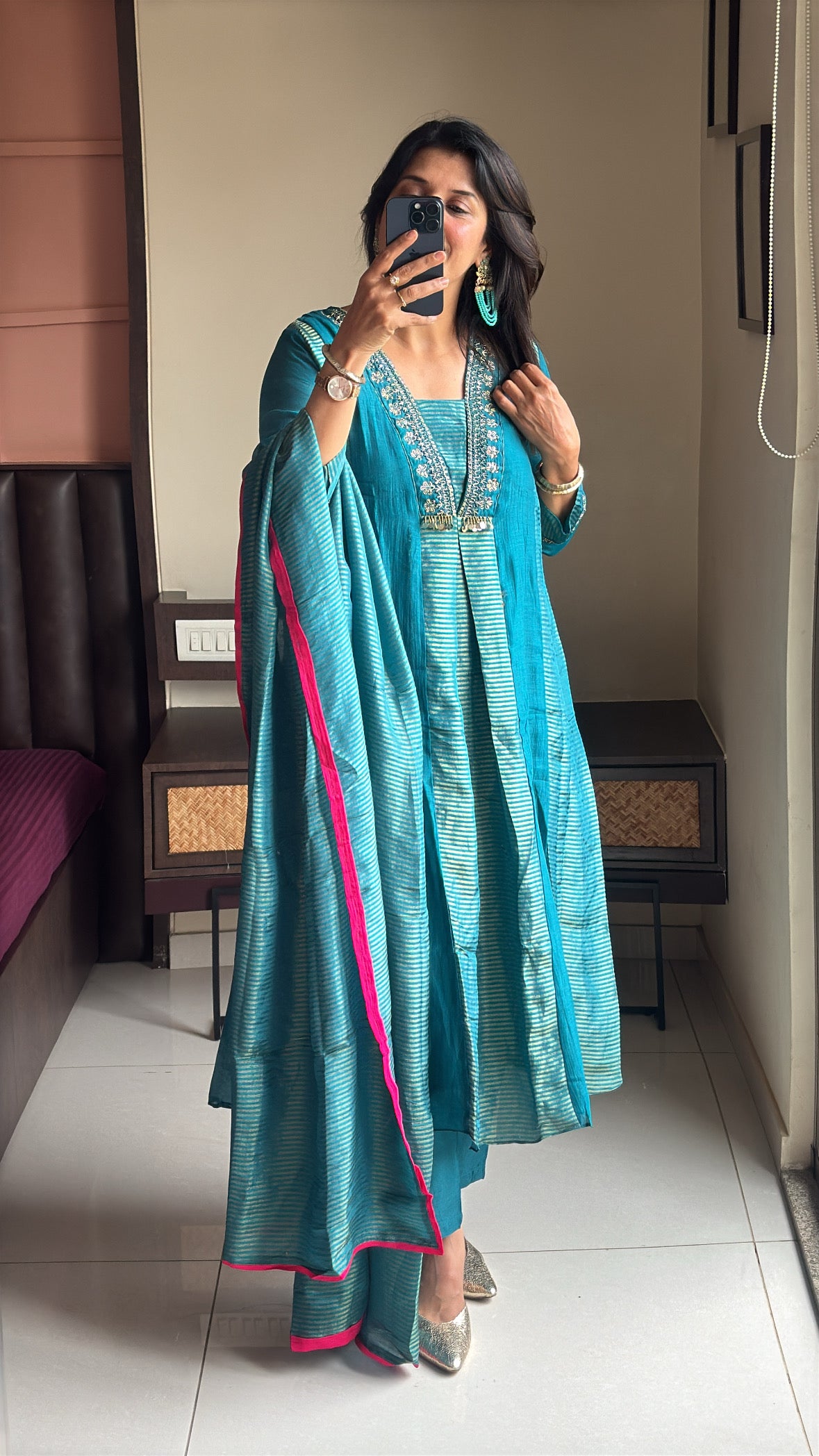 Turquoise Blue A-Line Kurta Pant Dupatta Set | Embroidery Work | Pure Banarasi Mul Chanderi