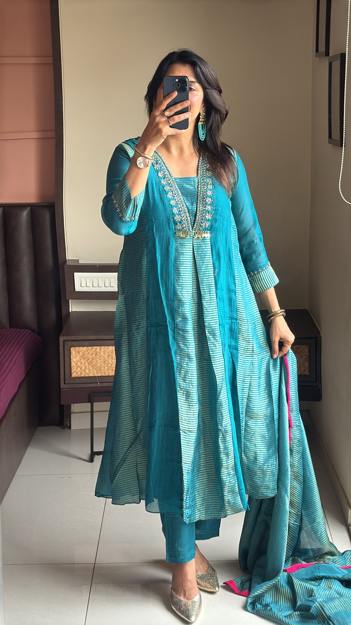 Turquoise Blue A-Line Kurta Pant Dupatta Set | Embroidery Work | Pure Banarasi Mul Chanderi