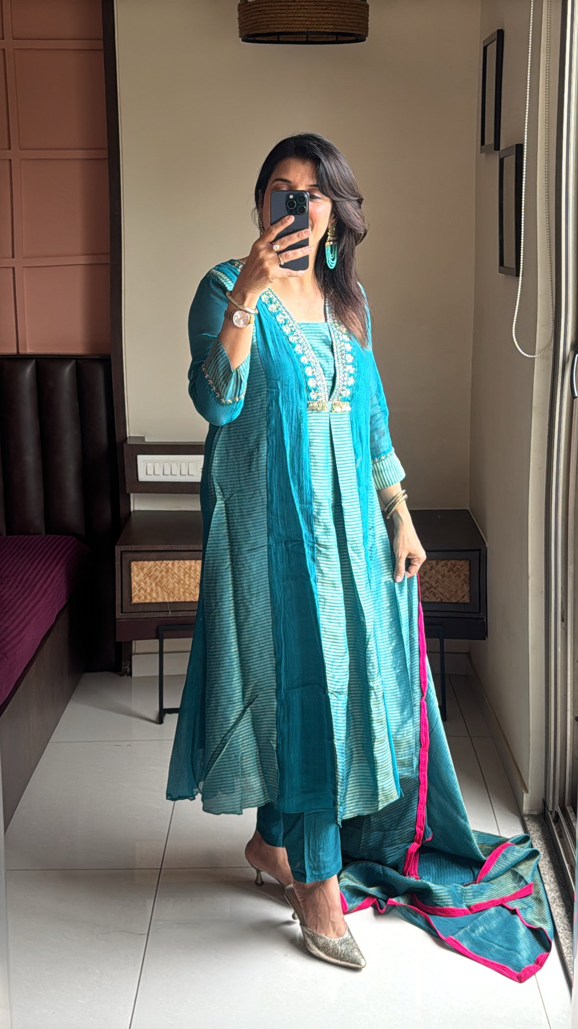 Turquoise Blue A-Line Kurta Pant Dupatta Set | Embroidery Work | Pure Banarasi Mul Chanderi