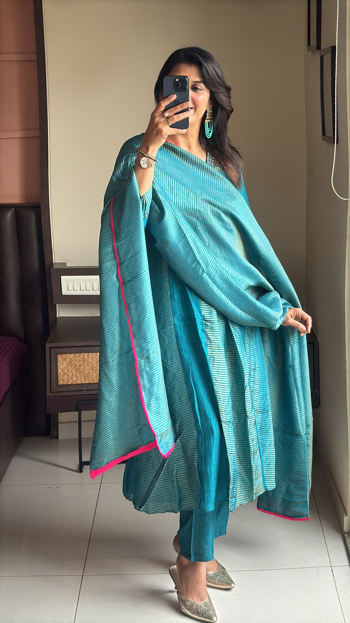 Turquoise Blue A-Line Kurta Pant Dupatta Set | Embroidery Work | Pure Banarasi Mul Chanderi