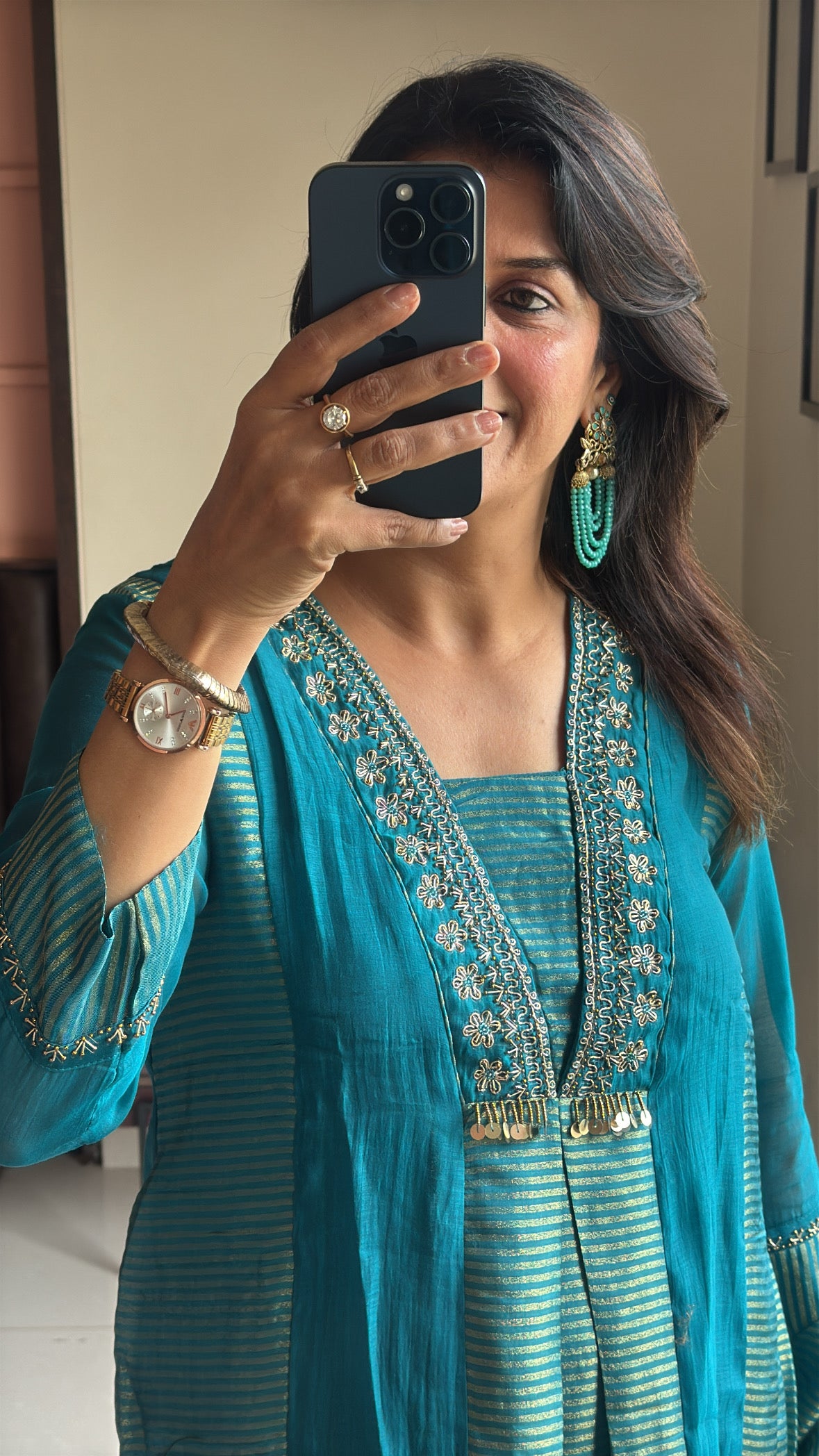 Turquoise Blue A-Line Kurta Pant Dupatta Set | Embroidery Work | Pure Banarasi Mul Chanderi