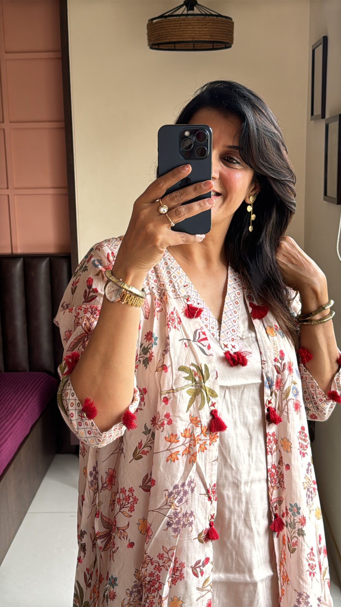 Ivory Short Kurti with Shrug Three-Piece Set | Print & Embroidery Work | Pure Mul Chanderi
