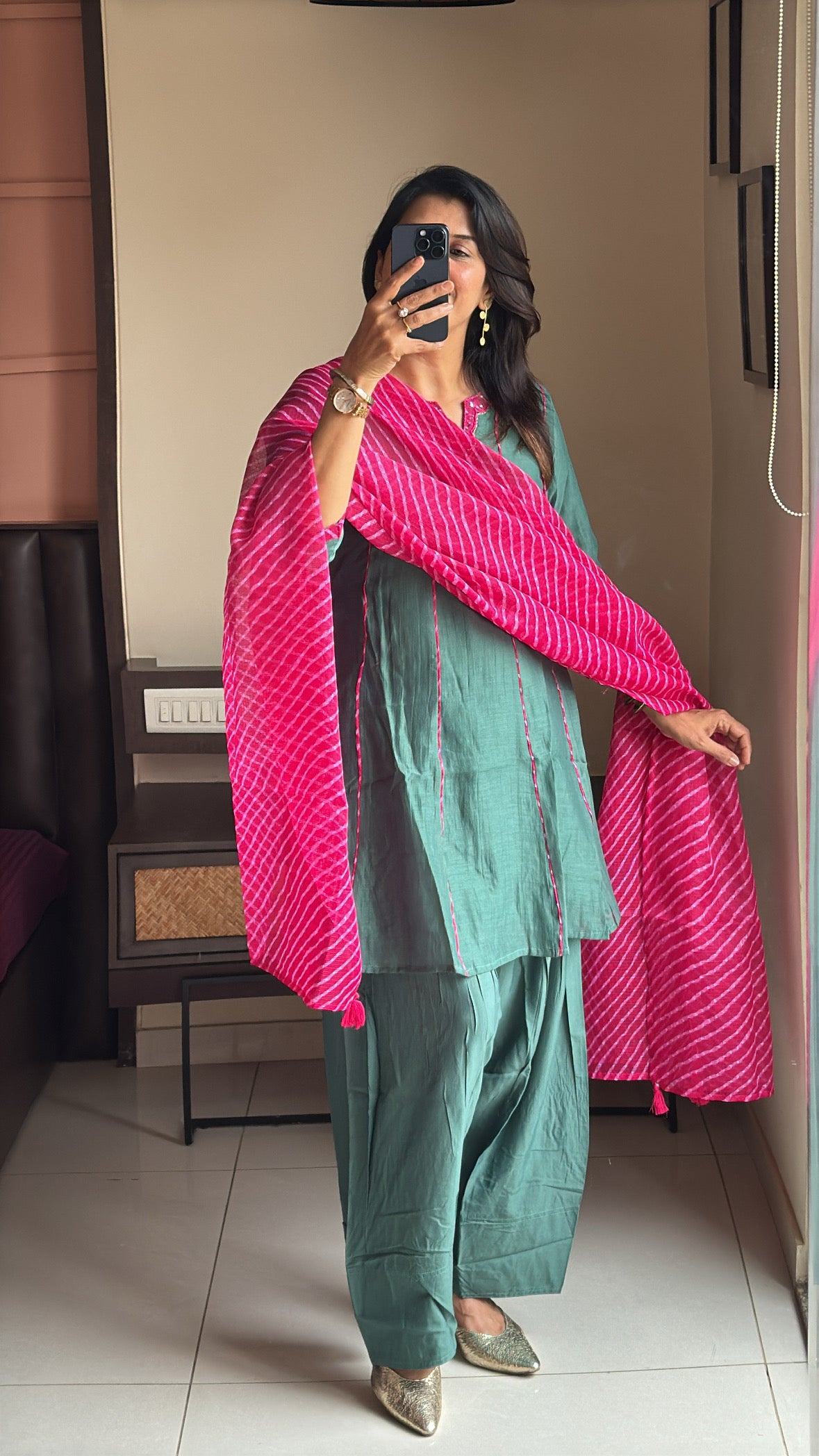 Green Short Kurti with Farsi Salwar & Leheriya Print Dupatta | Pearl Embroidery | Pure Mul Chanderi & Kota Doria
