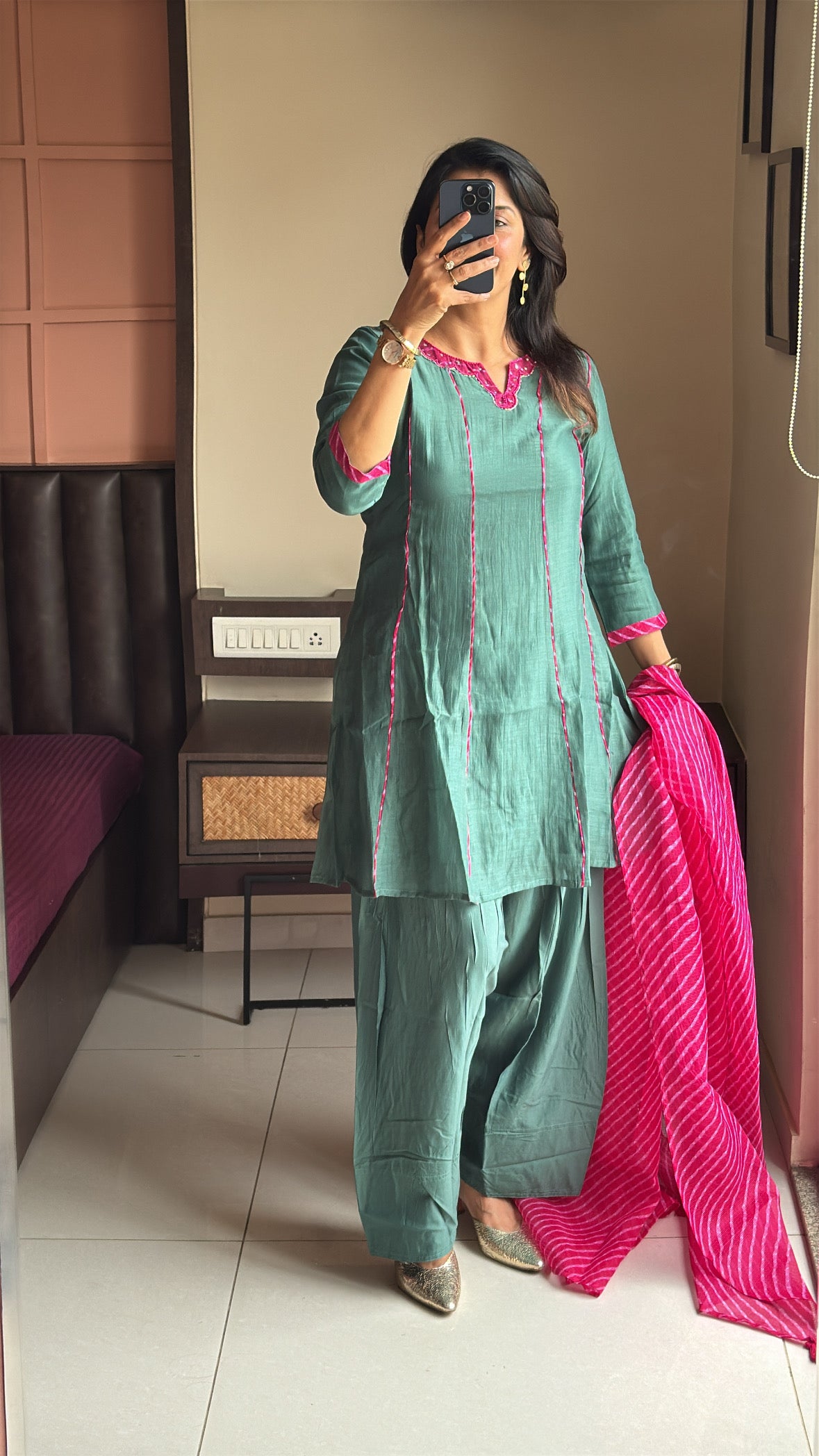 Green Short Kurti with Farsi Salwar & Leheriya Print Dupatta | Pearl Embroidery | Pure Mul Chanderi & Kota Doria