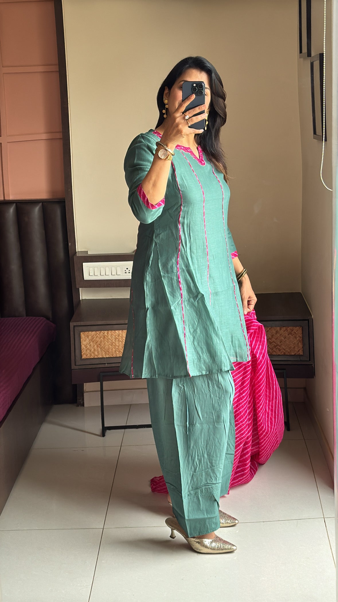 Green Short Kurti with Farsi Salwar & Leheriya Print Dupatta | Pearl Embroidery | Pure Mul Chanderi & Kota Doria