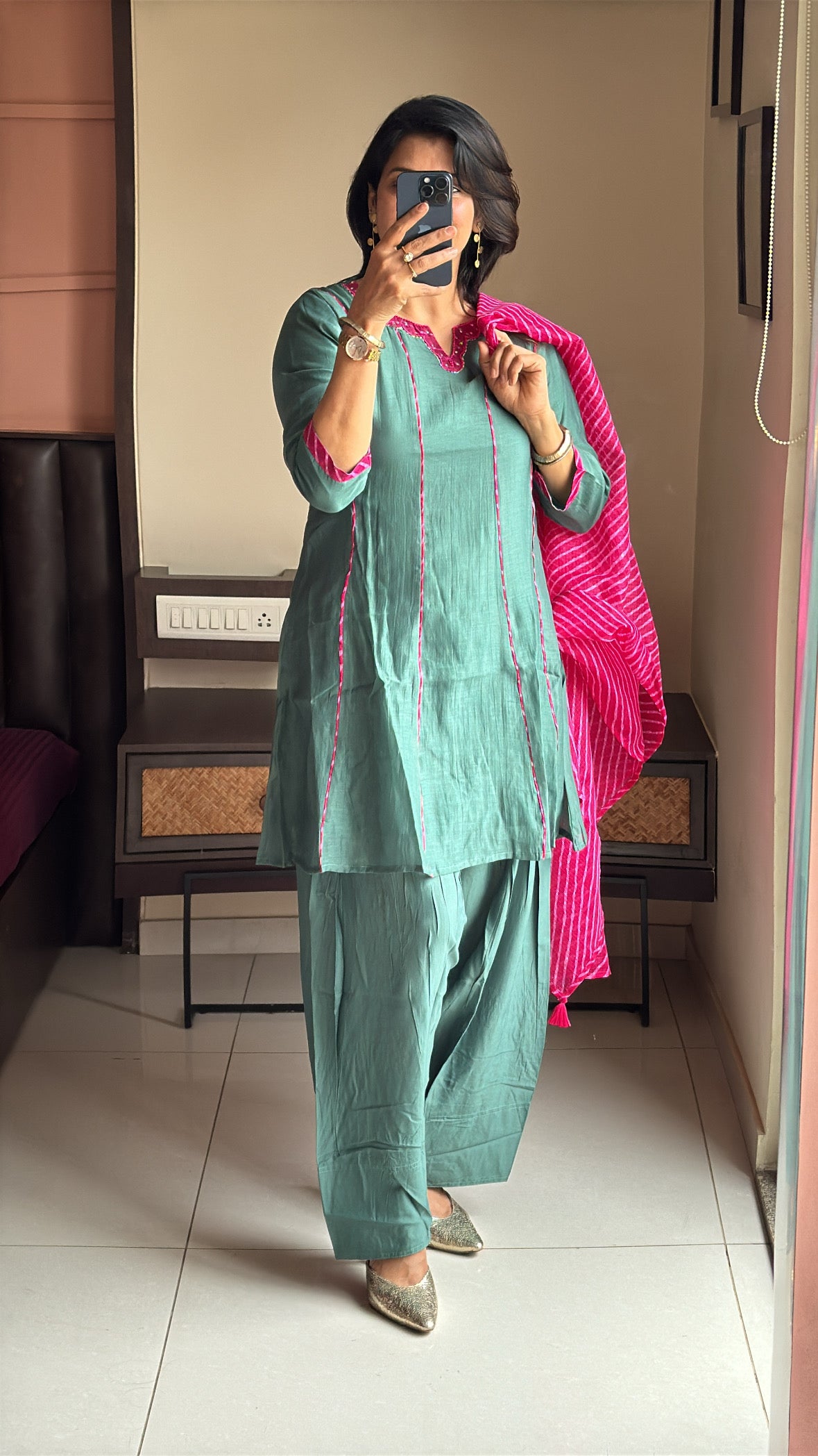 Green Short Kurti with Farsi Salwar & Leheriya Print Dupatta | Pearl Embroidery | Pure Mul Chanderi & Kota Doria