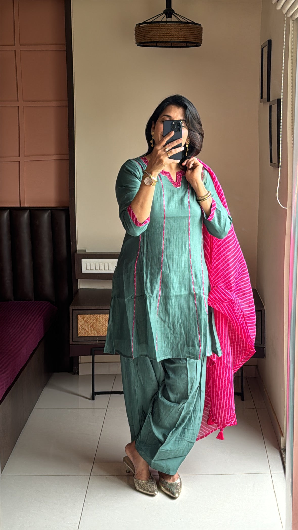 Green Short Kurti with Farsi Salwar & Leheriya Print Dupatta | Pearl Embroidery | Pure Mul Chanderi & Kota Doria