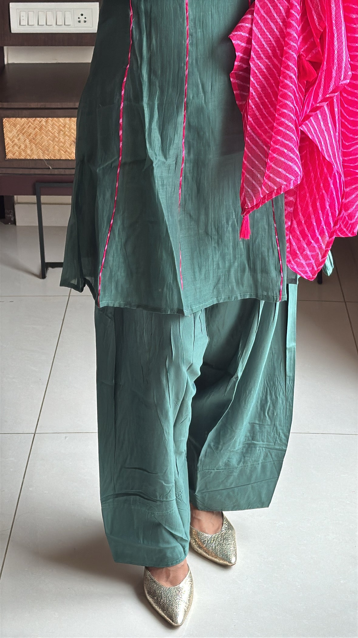 Green Short Kurti with Farsi Salwar & Leheriya Print Dupatta | Pearl Embroidery | Pure Mul Chanderi & Kota Doria